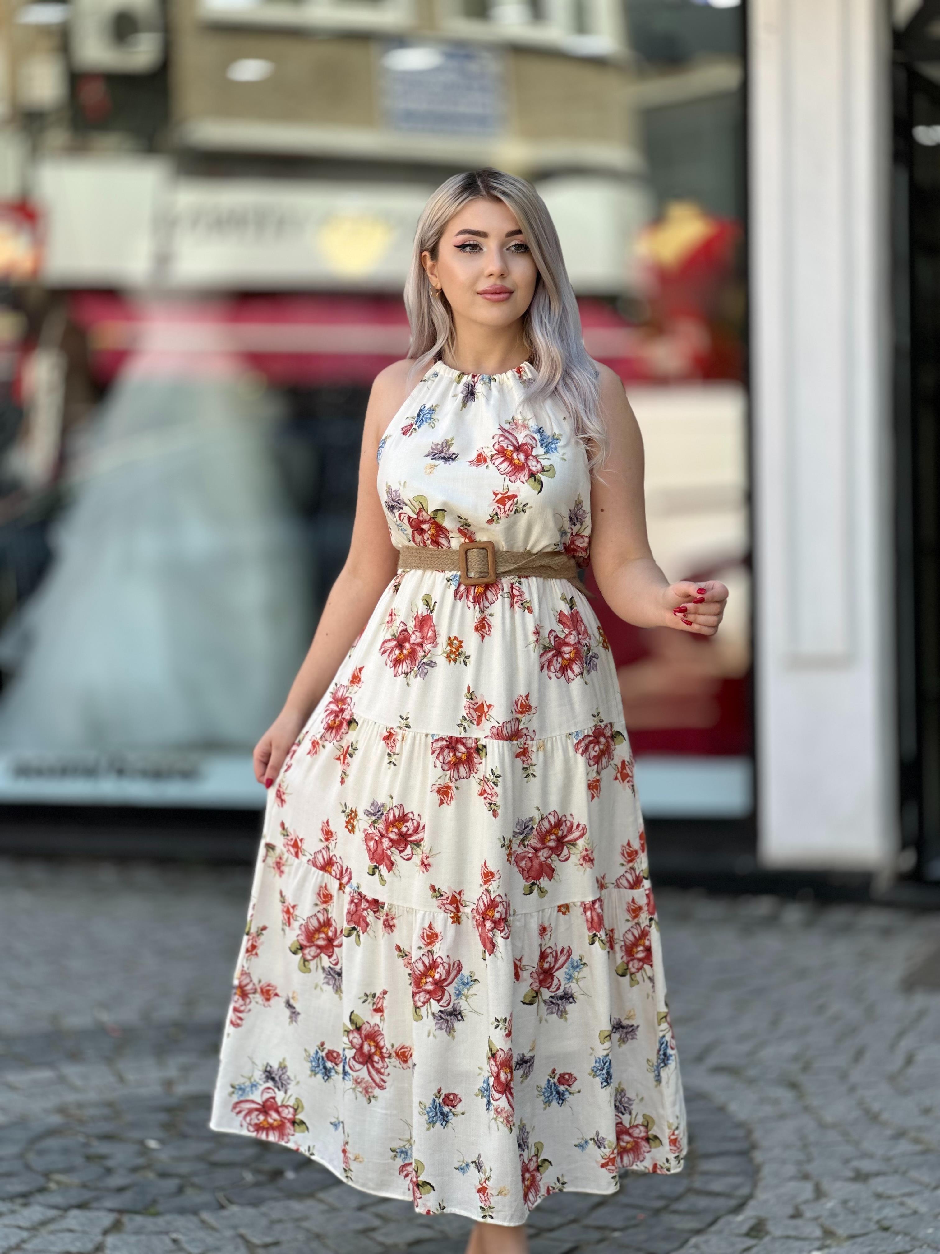 Halter Yaka Keten Çiçekli Elbise