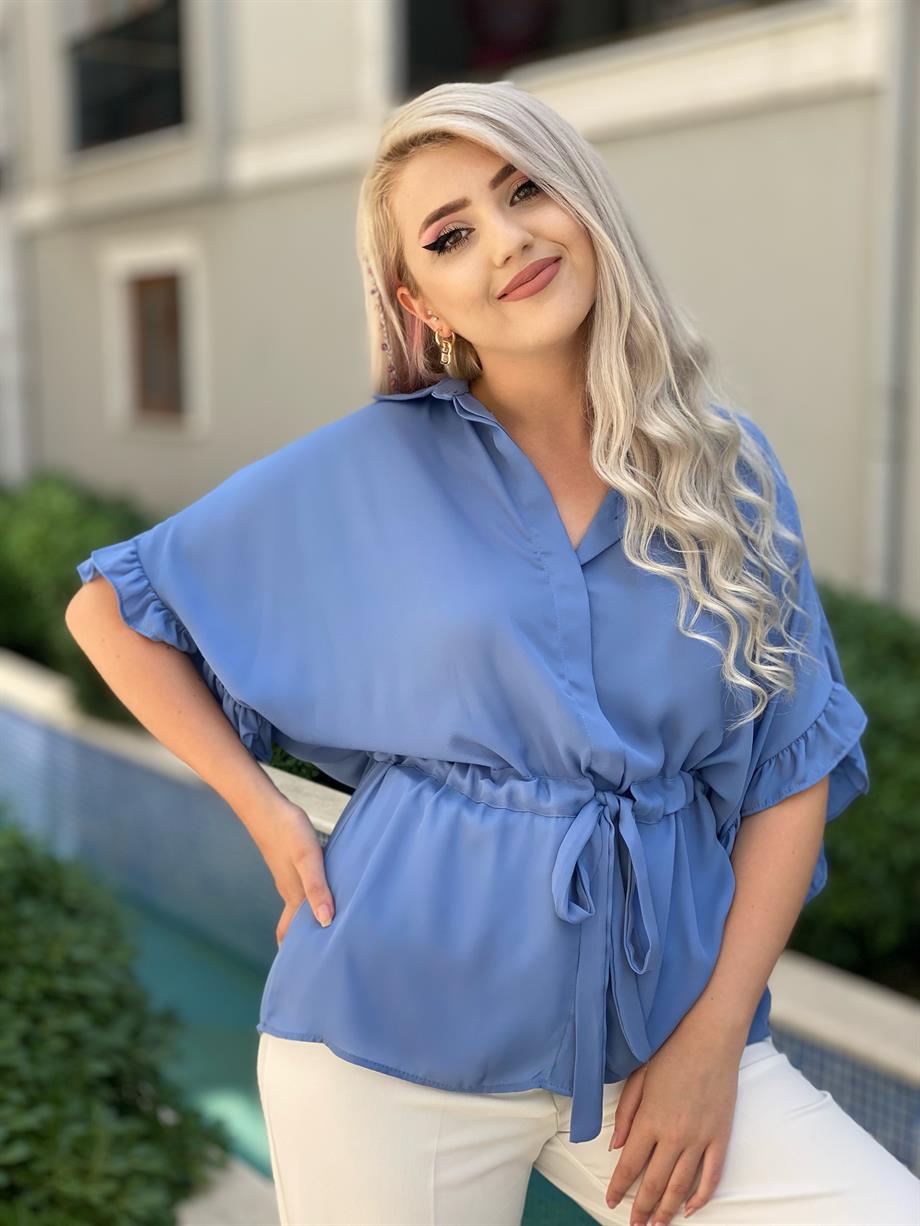 İndigo Bel Büzgülü Kol Fırfırlı Gömlek