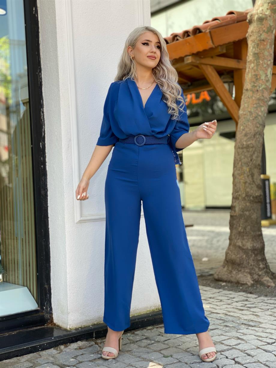 İndigo Mavi Ayrobin Keten Tulum
