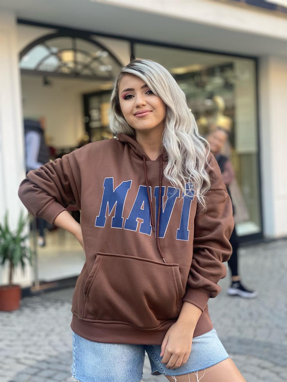 Kahve 3 İplik Mavi Baskılı Sweat