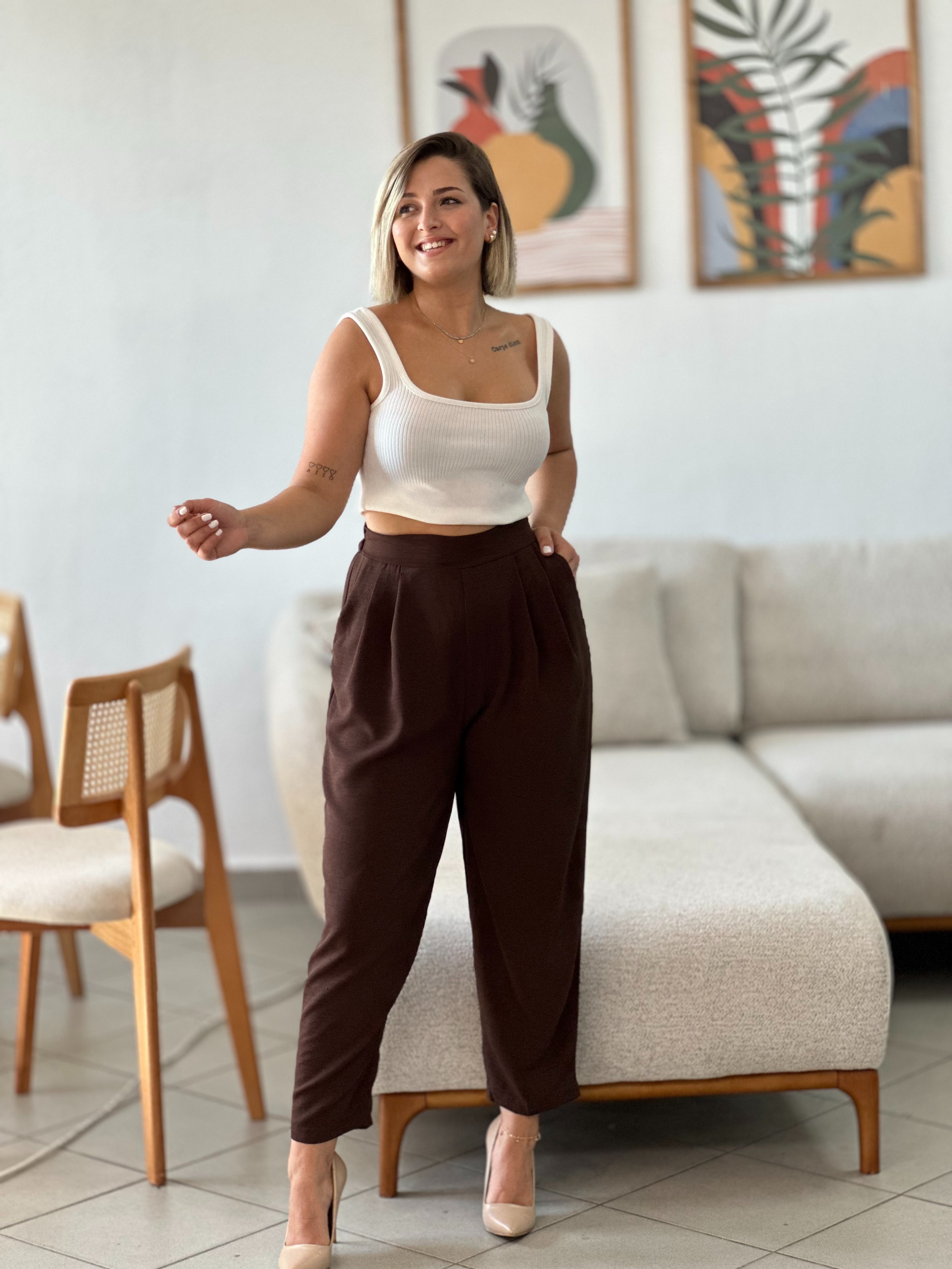 Kahve Ayrobin Keten Havuç Pantalon 