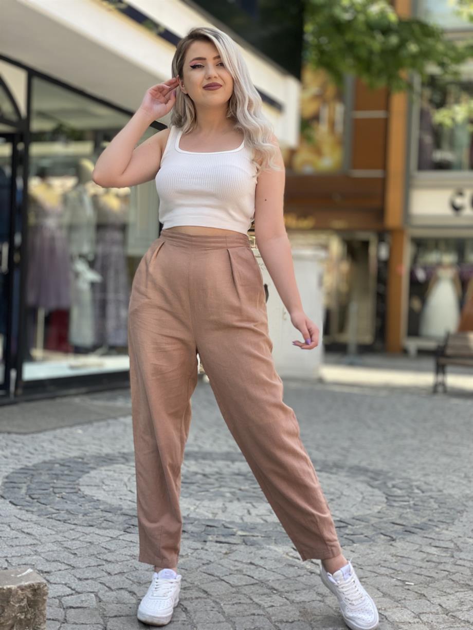 Kahve Ham Keten Pantalon 