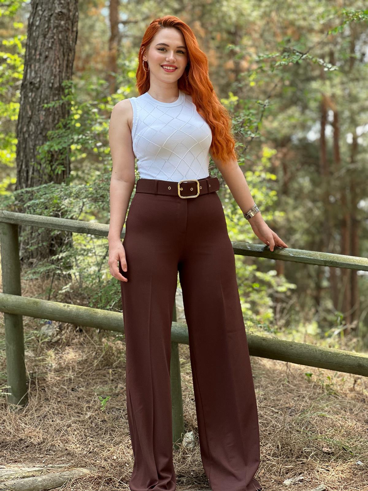 Kahve Kemerli Palazzo Pantalon 