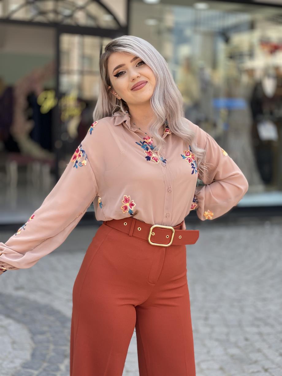 Kahve Nakış İşlemeli Şifon Gömlek 