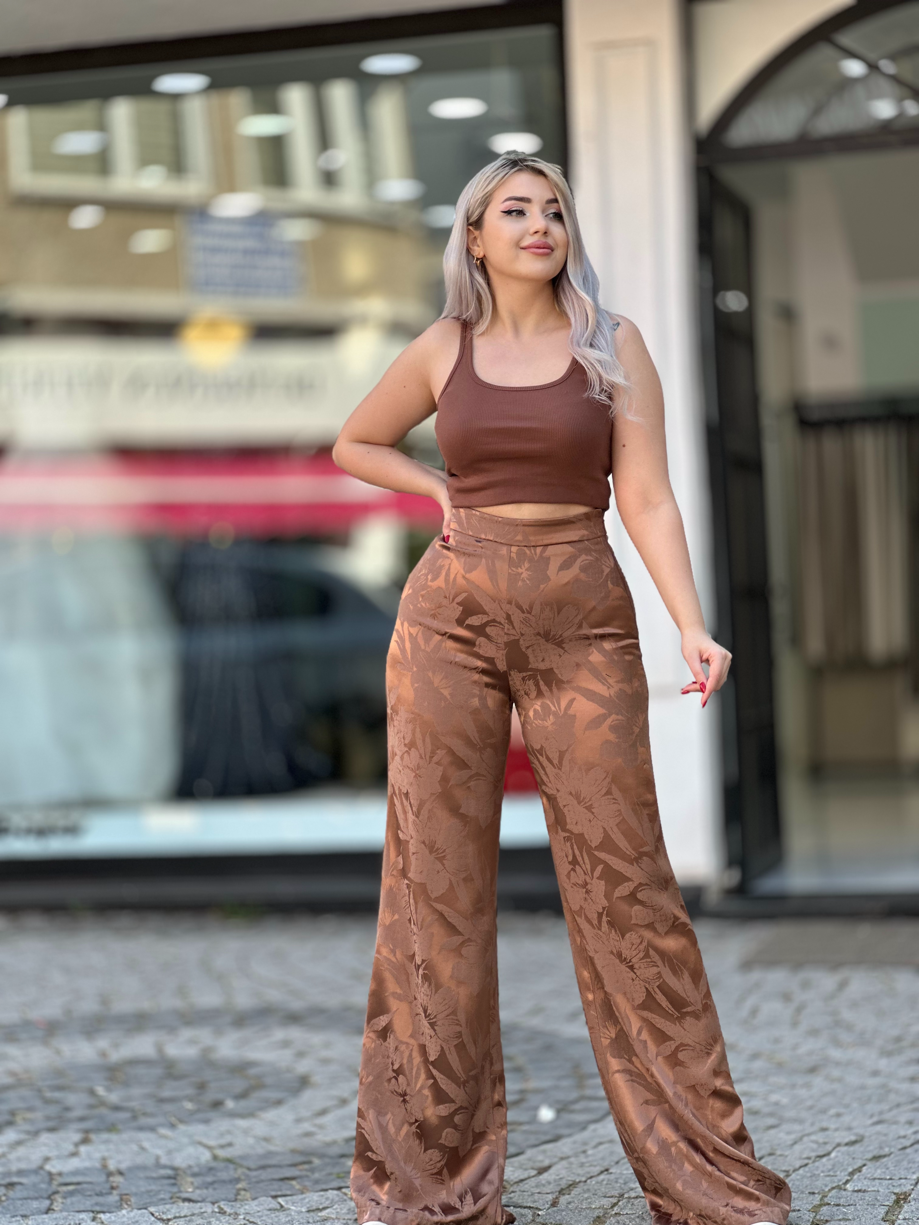 Kahve Saten Pantalon 
