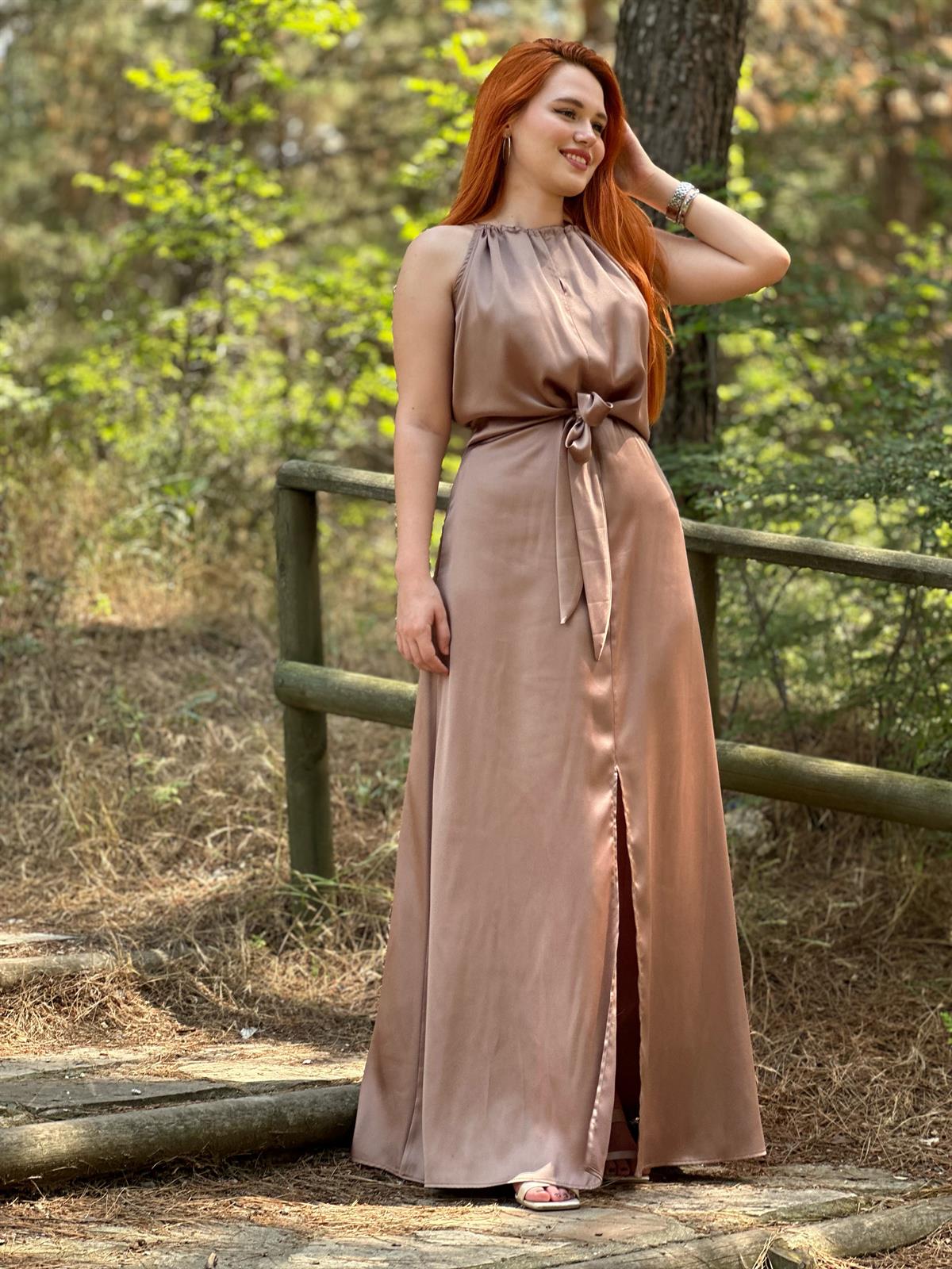 Kahve Tasarım Bel Bağlamalı Saten Elbise