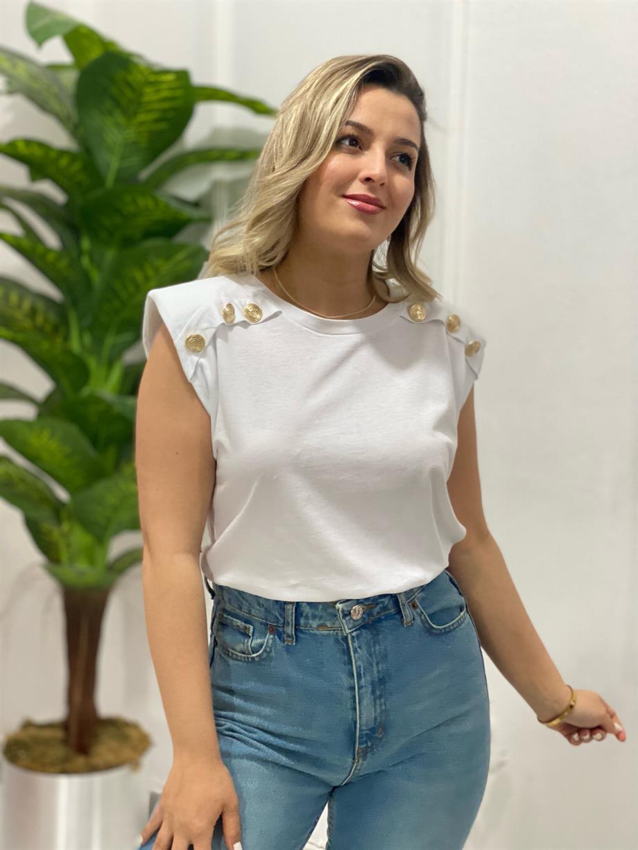 Karol Omuz Vatkalı Tshırt Beyaz