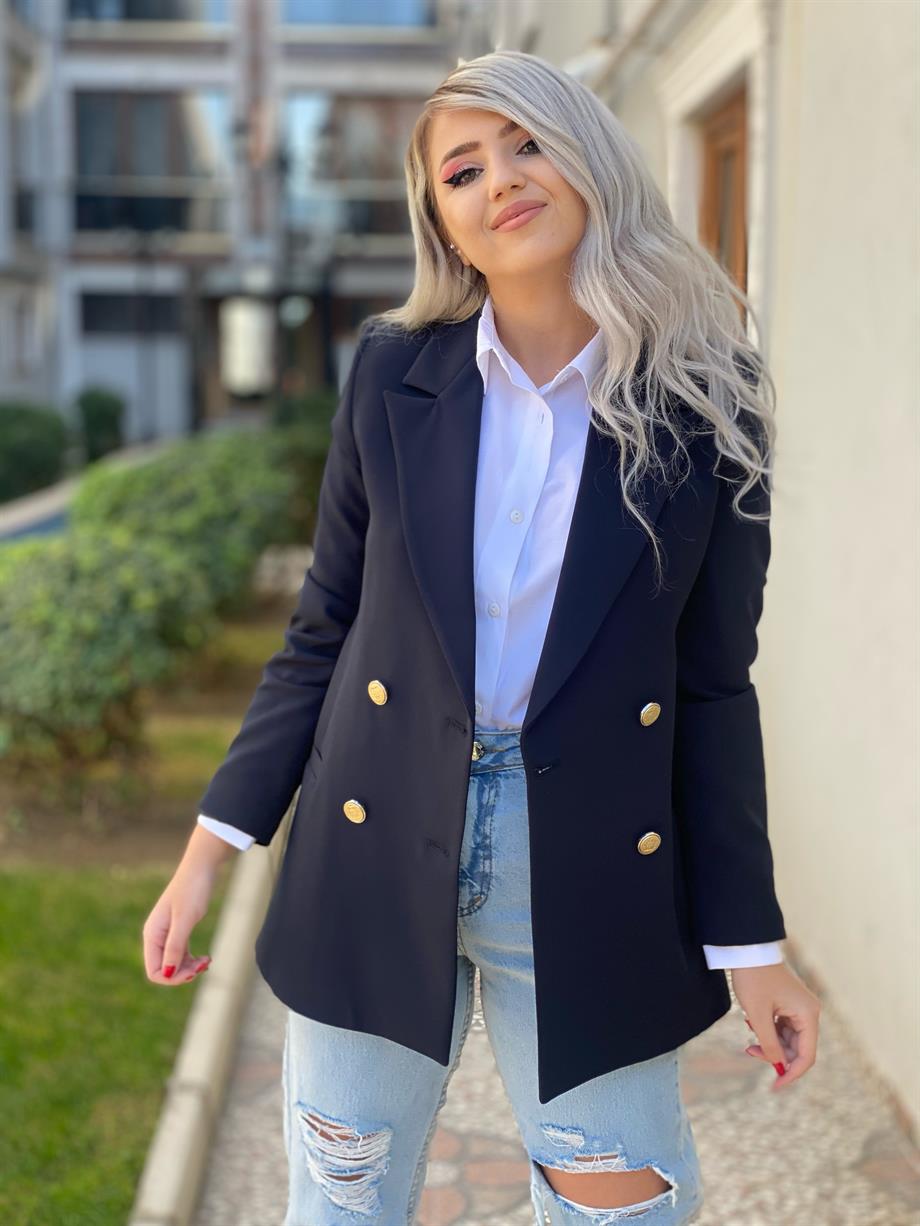 Koyu Lacivert Gol Düğme Detay Blazer