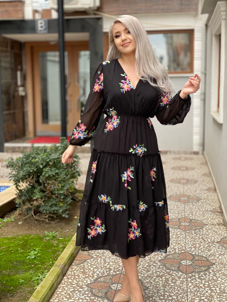 Kruvaze Nakışlı Siyah Şifon Elbise