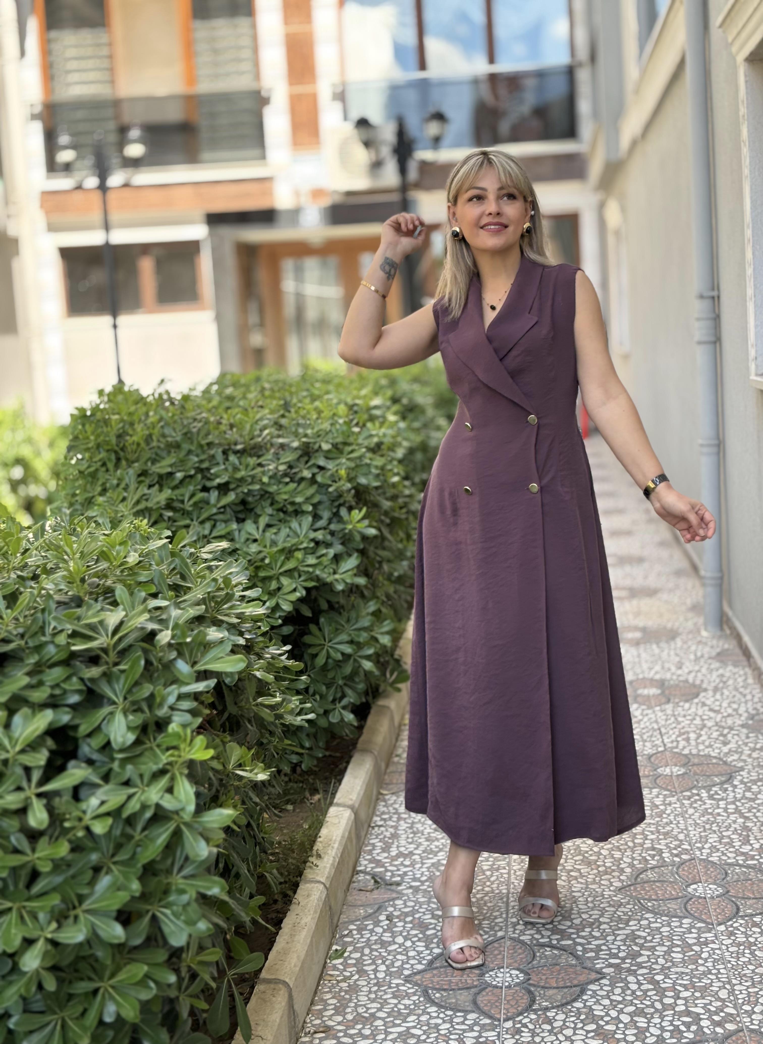 Kruvaze Yaka Modal Kumaş Mürdüm Elbise