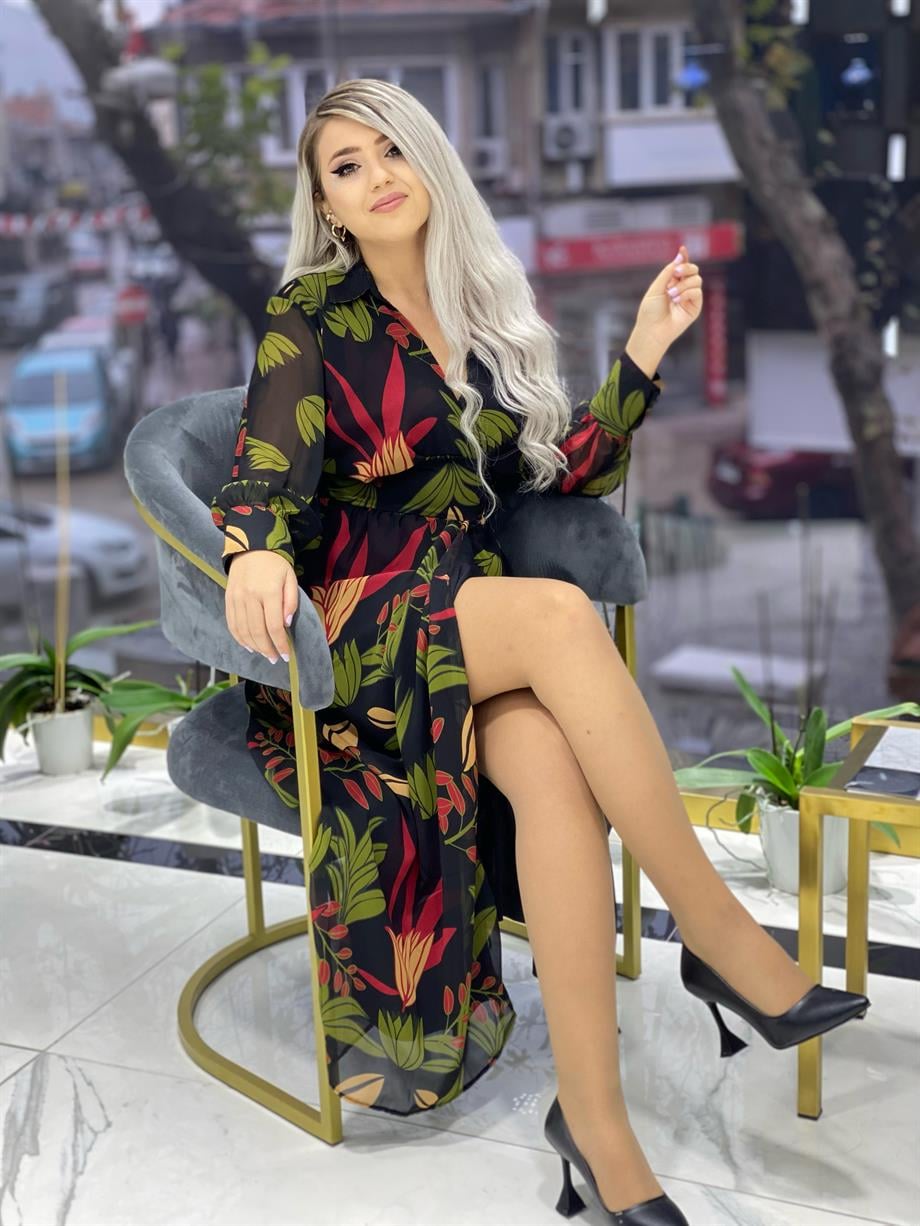Kruvaze Yaka Şifon Elbise 