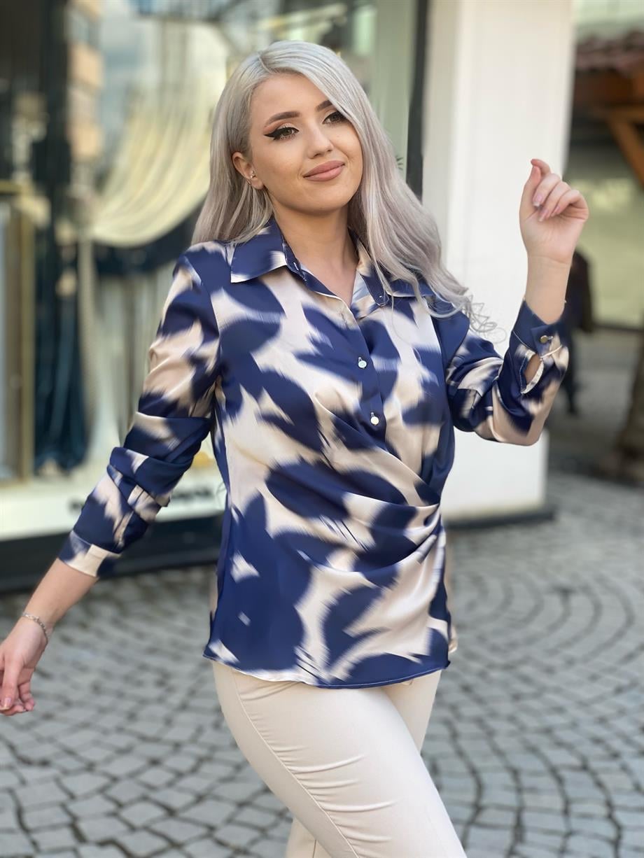 Lacivert İpek Saten Drapeli Bluz 