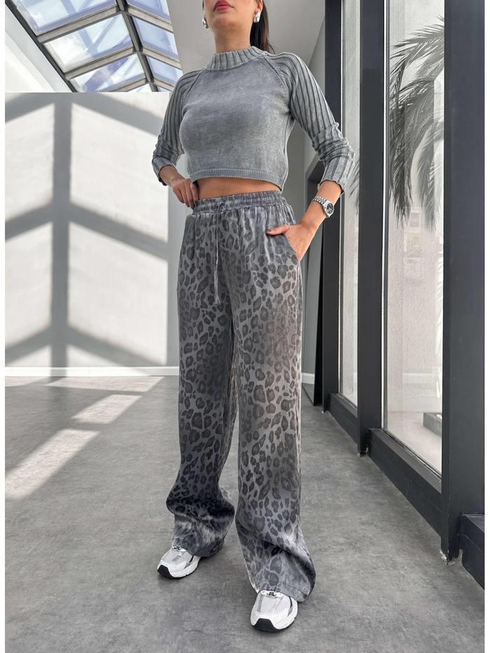 Leopar Beli Lastikli Pantalon Gri