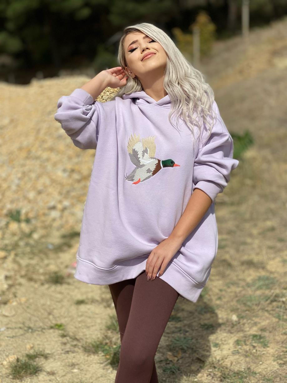Lila Nakış İşlemeli Oversize Kalıp Sweatshirt