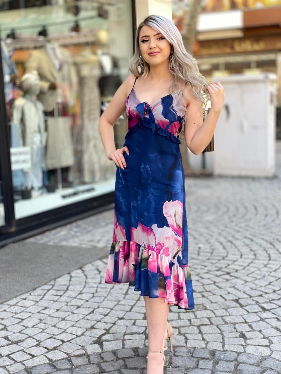 Mavi Askıl Şifon Elbise