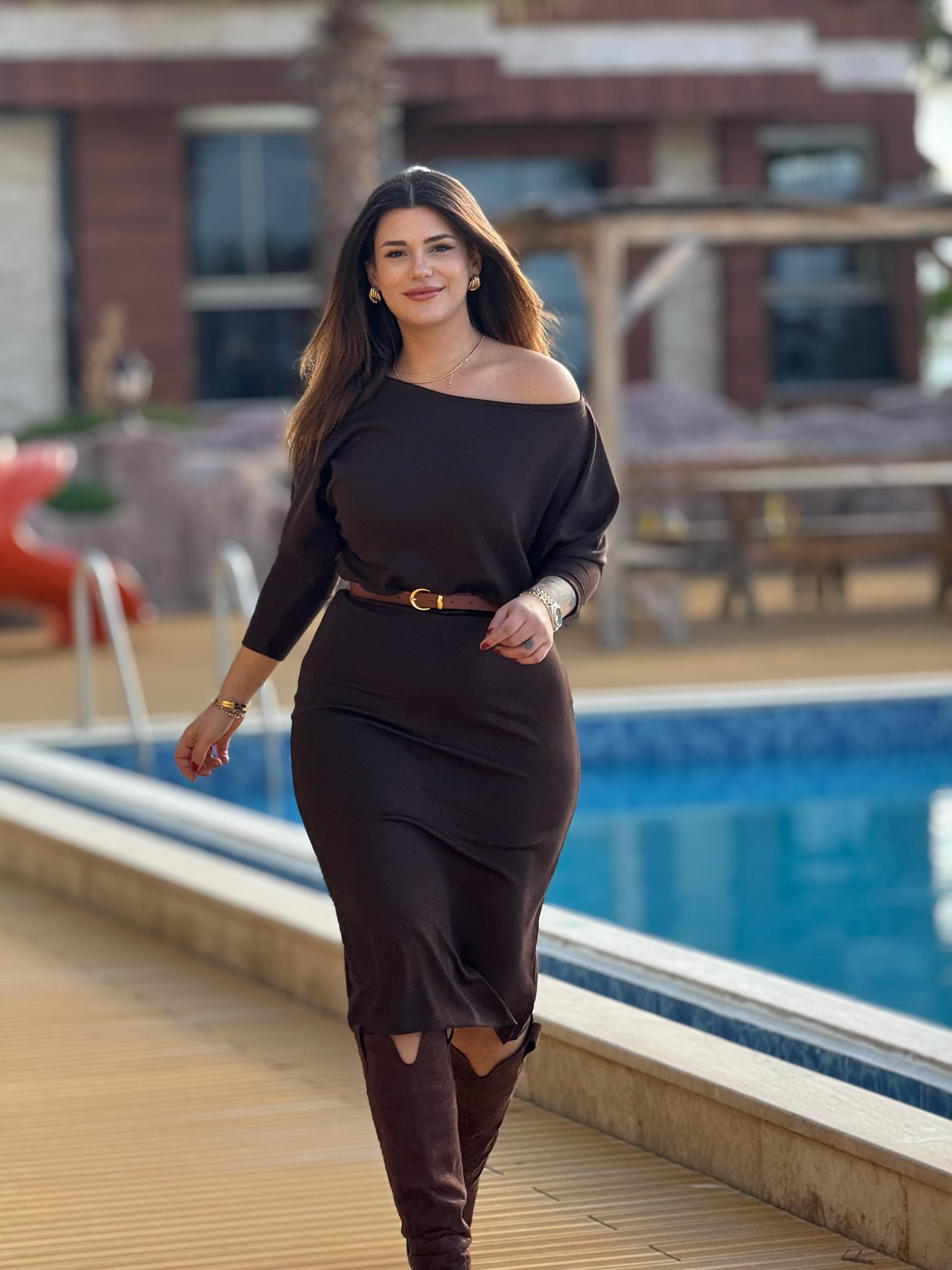 Modal Kumaş Kayık Yaka Elbise Elbise
