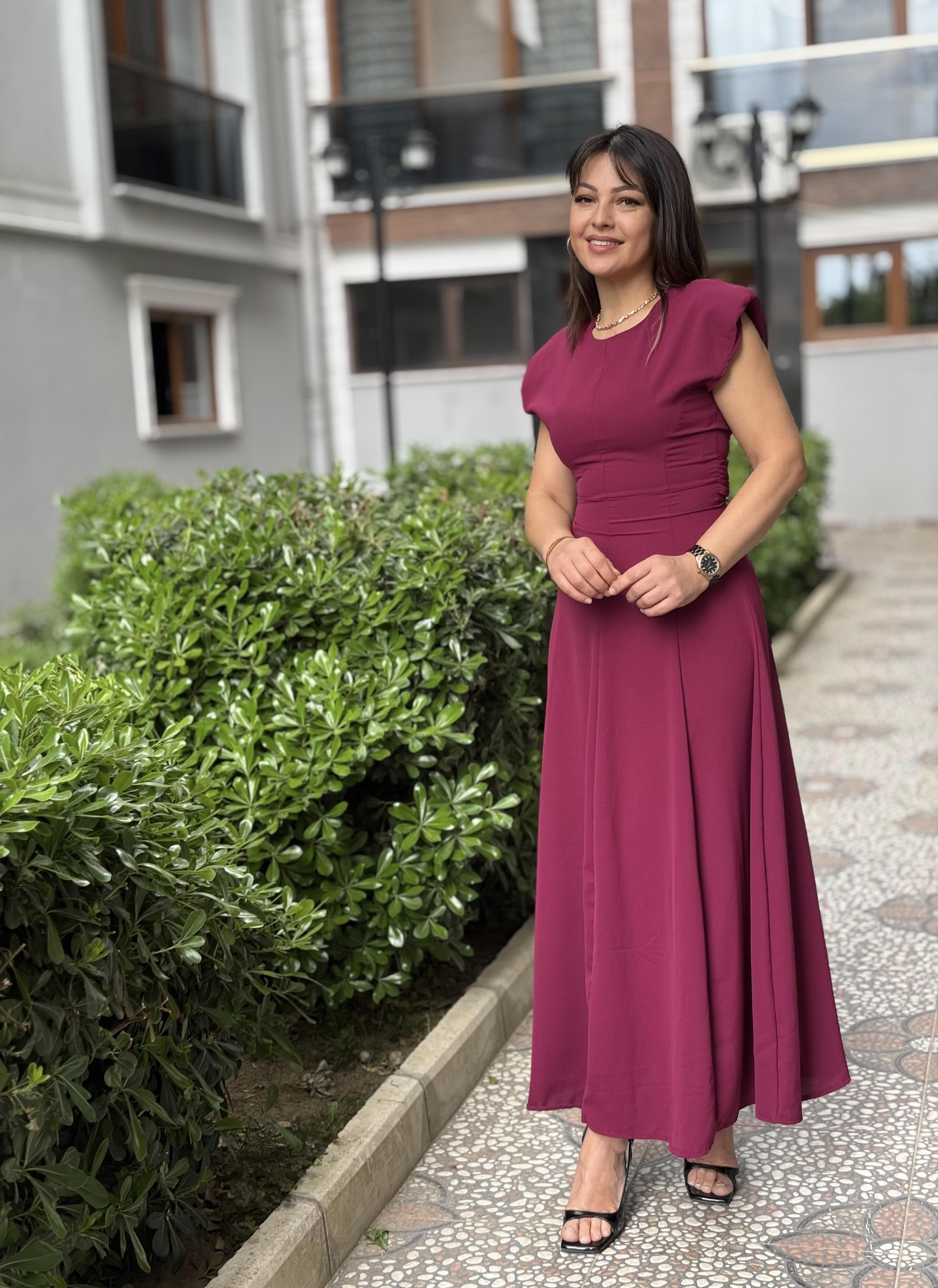 Omuz Vatkalı Fuşya Elbise