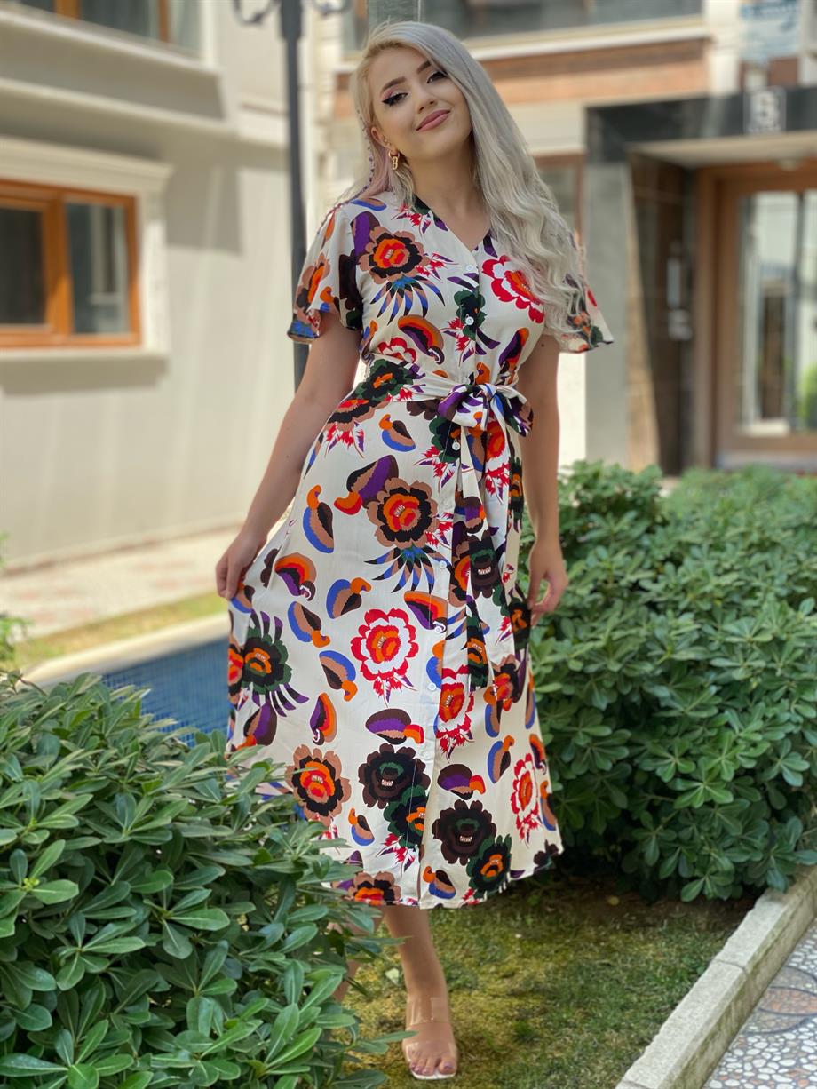 Ön Düğmeli Viskon Kumaş Elbise