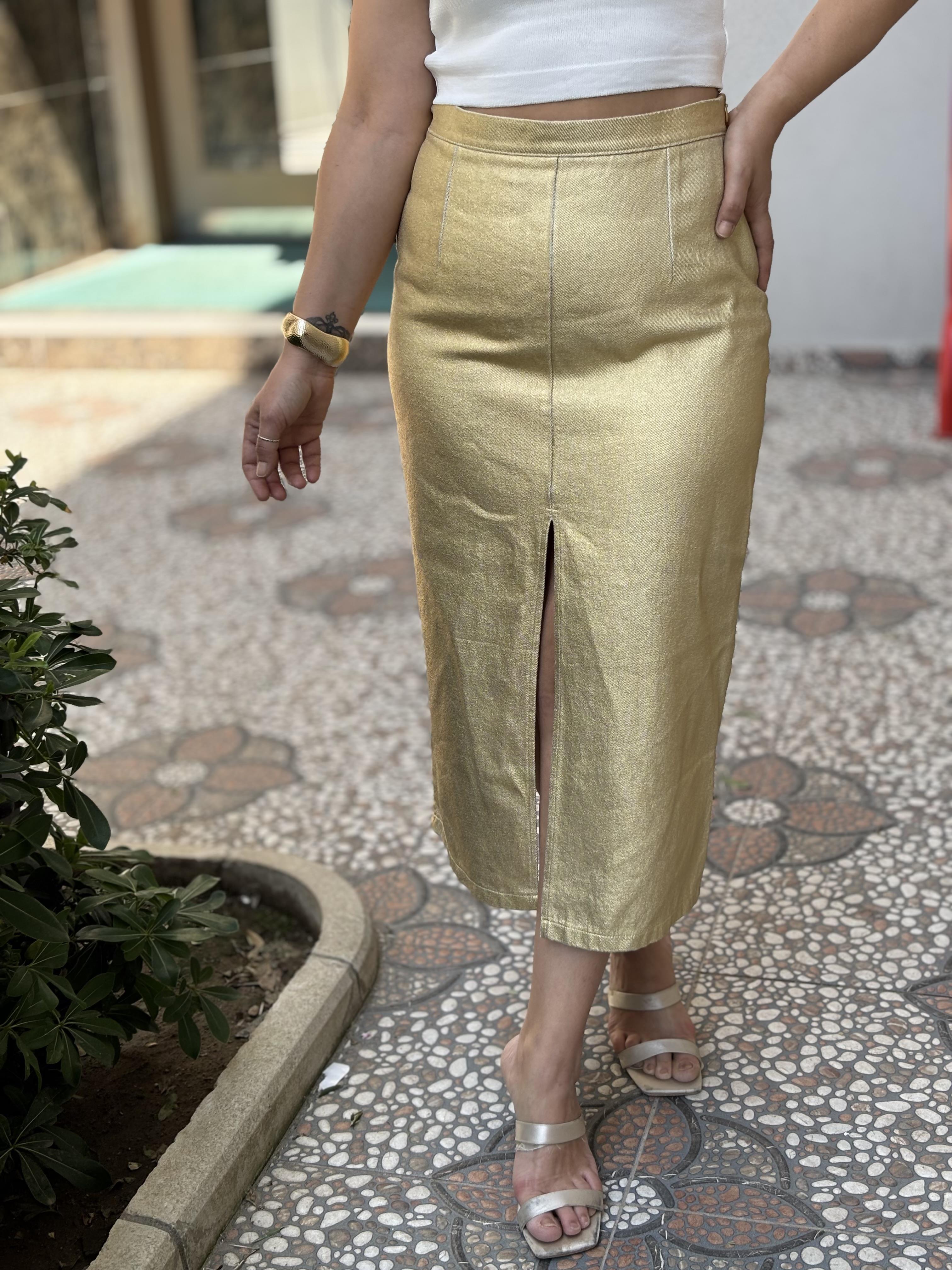 Ön Yırtmaçlı Gold Jean Etek