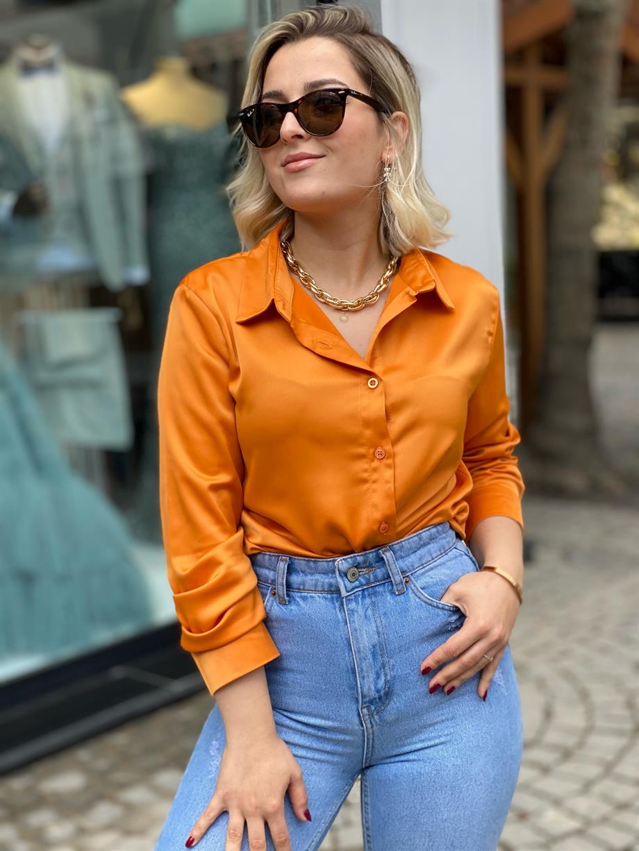 Oranj Saten Gömlek