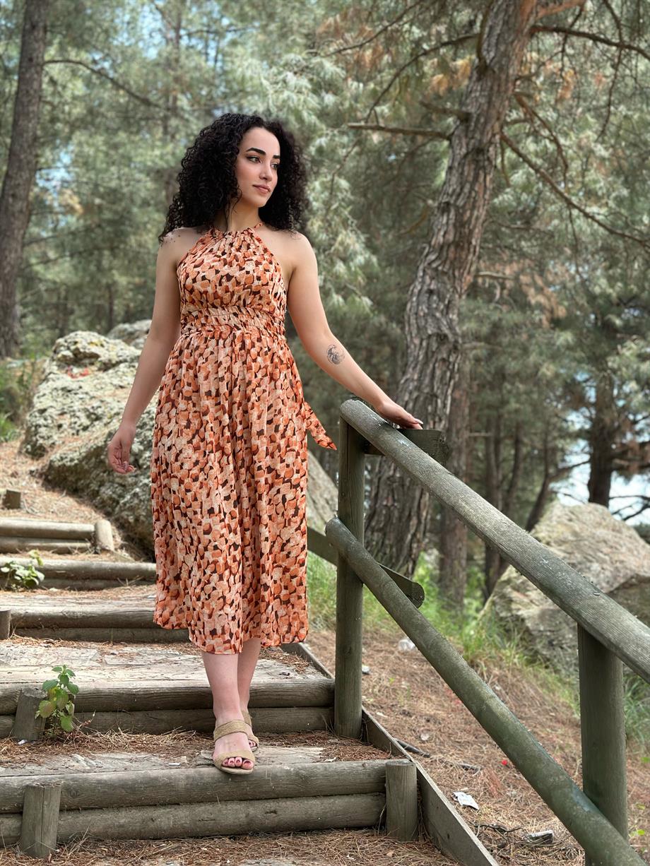 Oranj Şifon Halter Yaka Elbise
