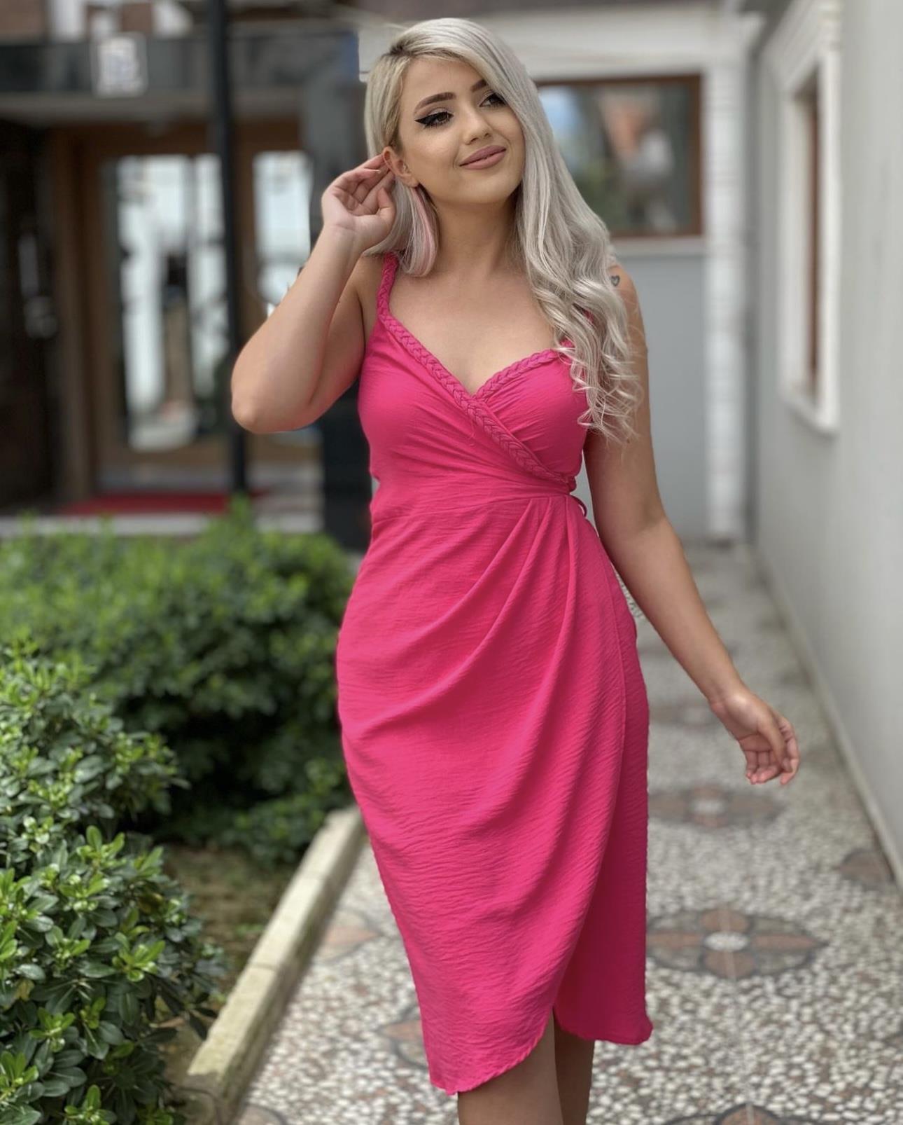 Örgü Detay Pembe Anvelop Elbise