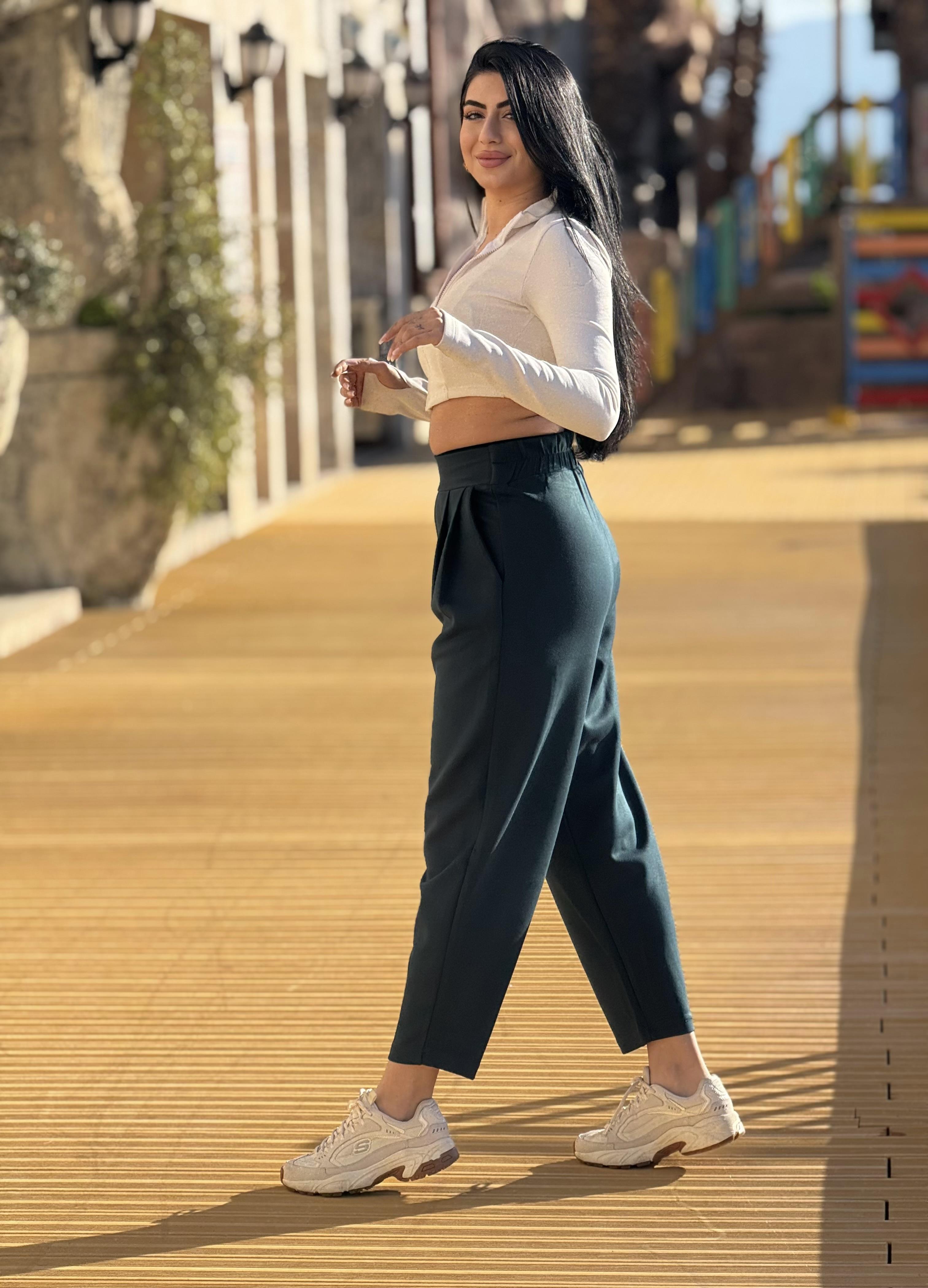 Oysho Kumaş Beli Lastikli Harem Pantolan Petrol