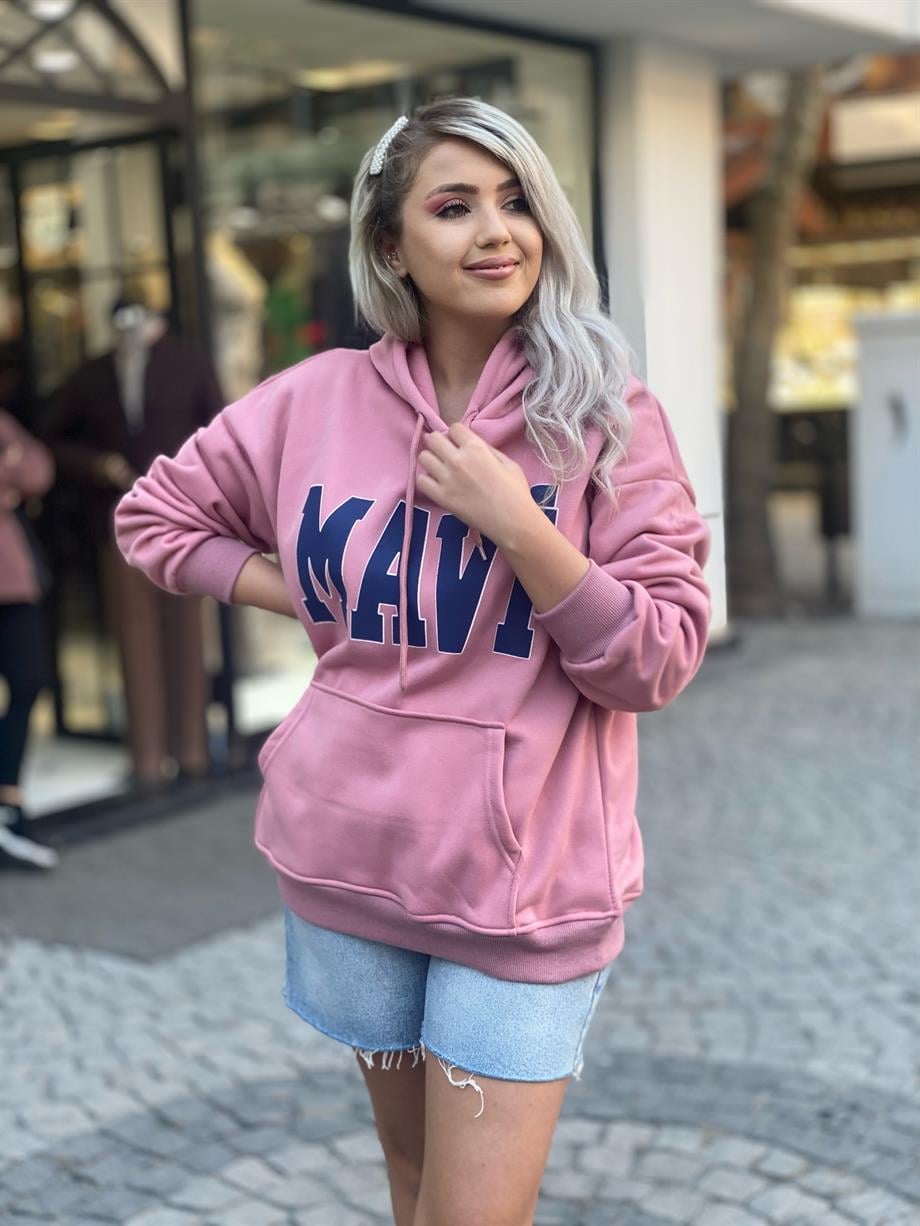 Pembe 3 İplik Mavi Baskılı Sweat