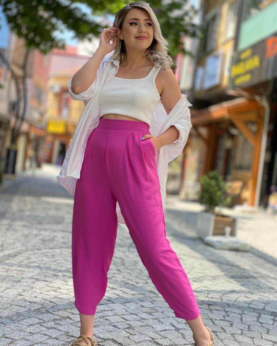 Pembe Bel Lastikli Şalvar Pantalon