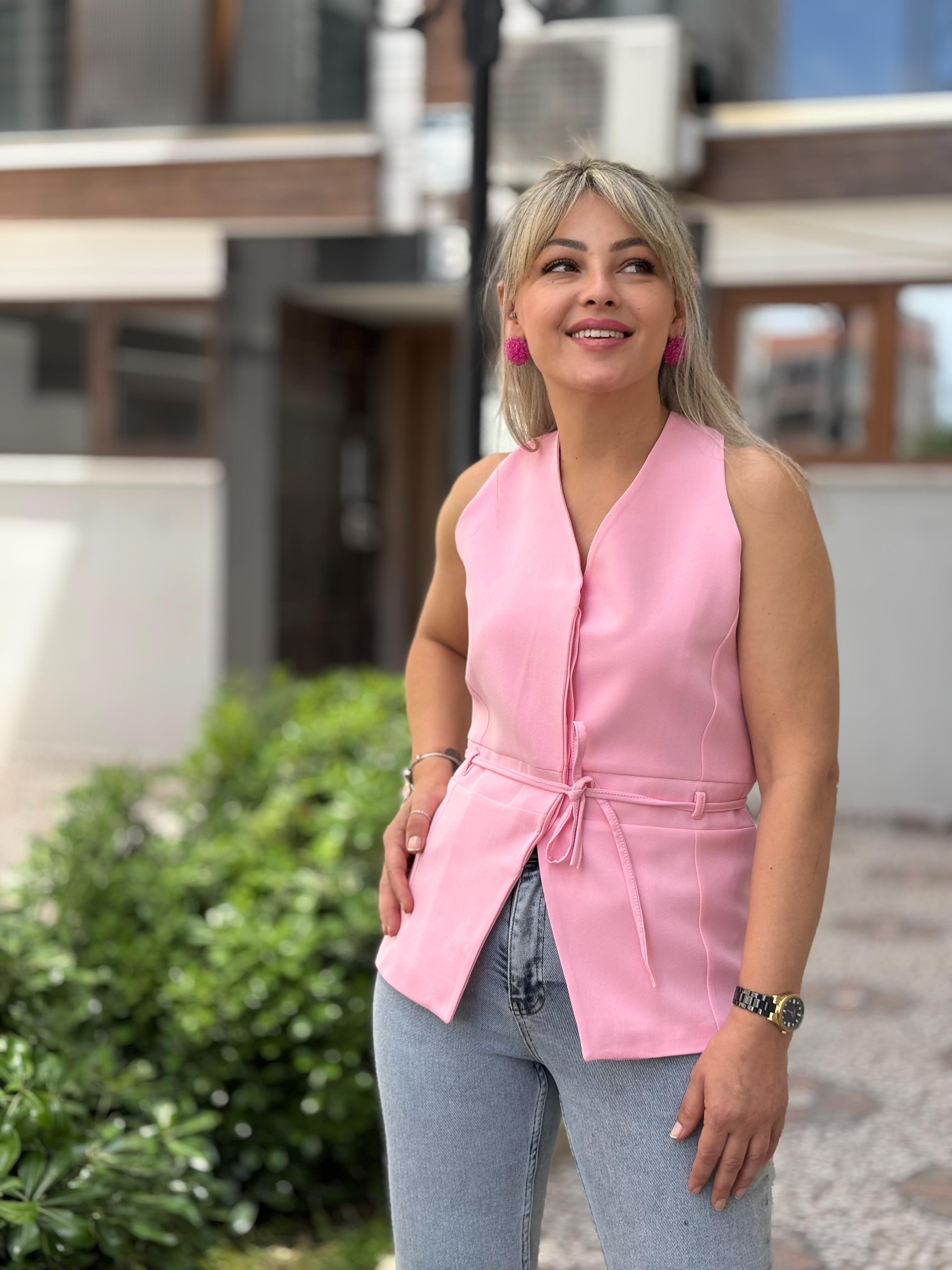 Pembe Boyundan Bağlamalı Yelek