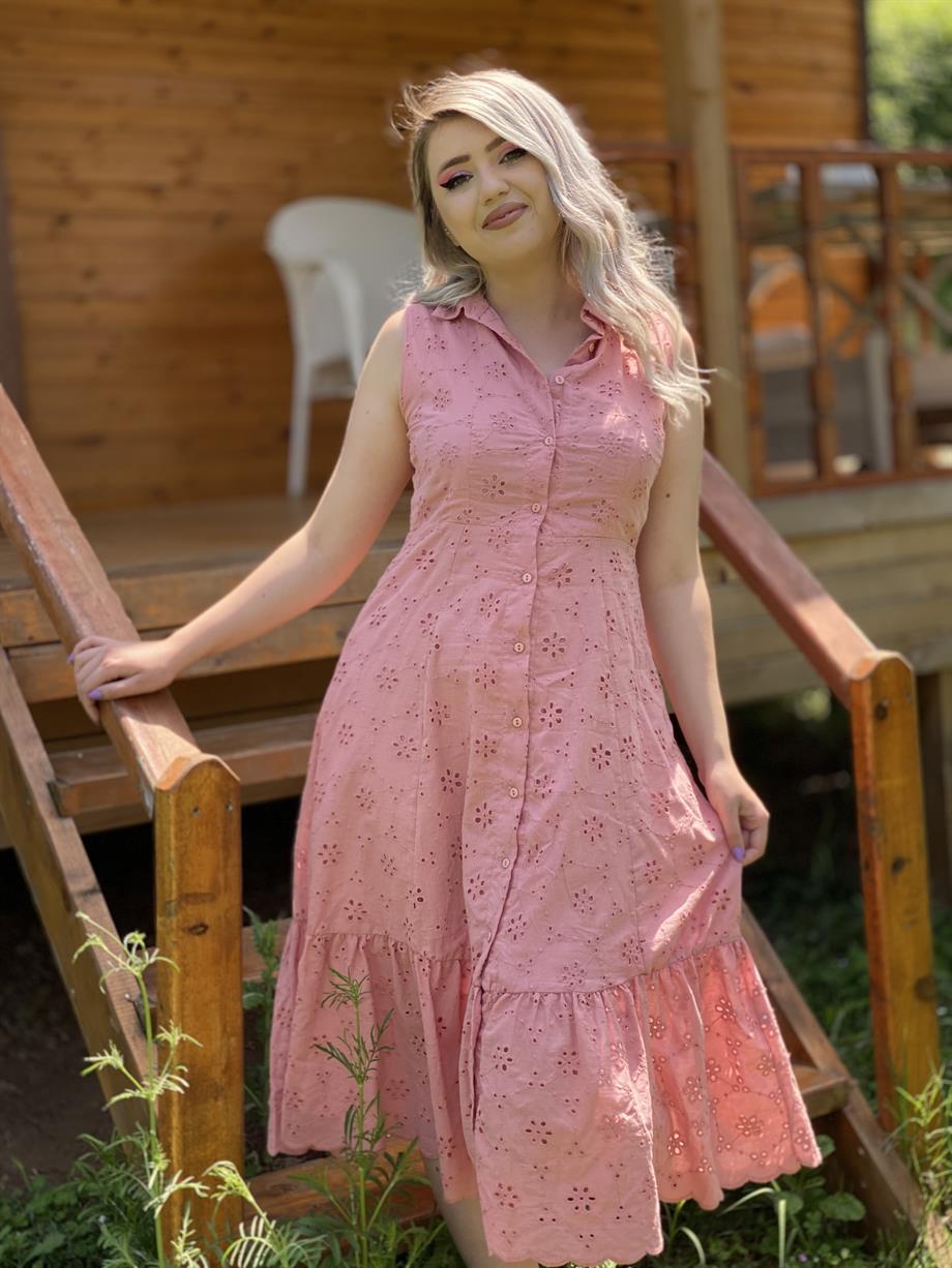 Pembe Gömlek Yaka Güpür Elbise