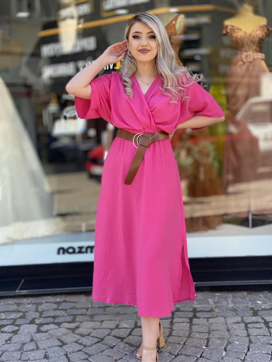 Pembe Keten Kemerli Elbise 