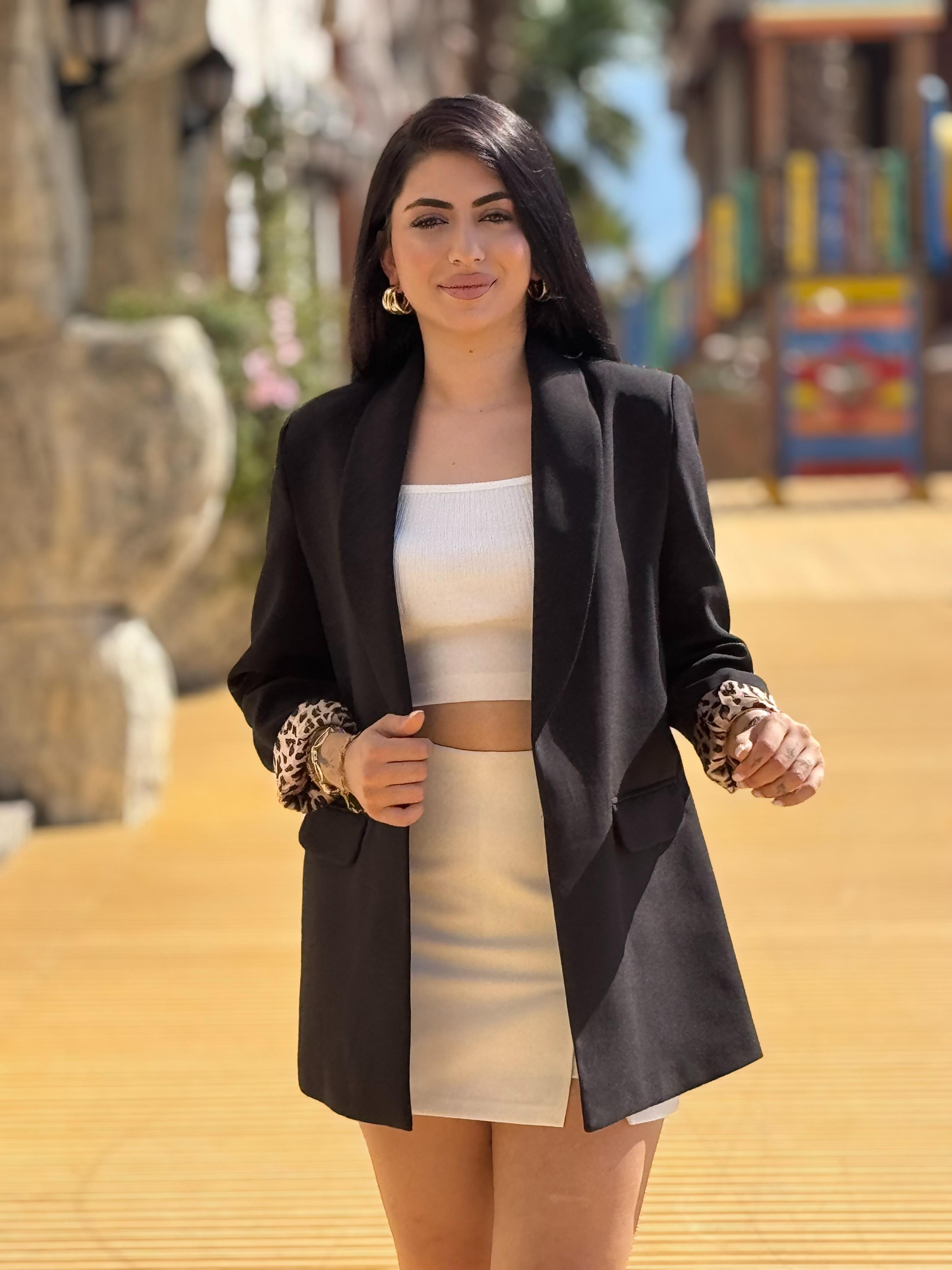 Premium Kalite Leopar Astarlı Duble Kumaş Blazer Ceket Siyah