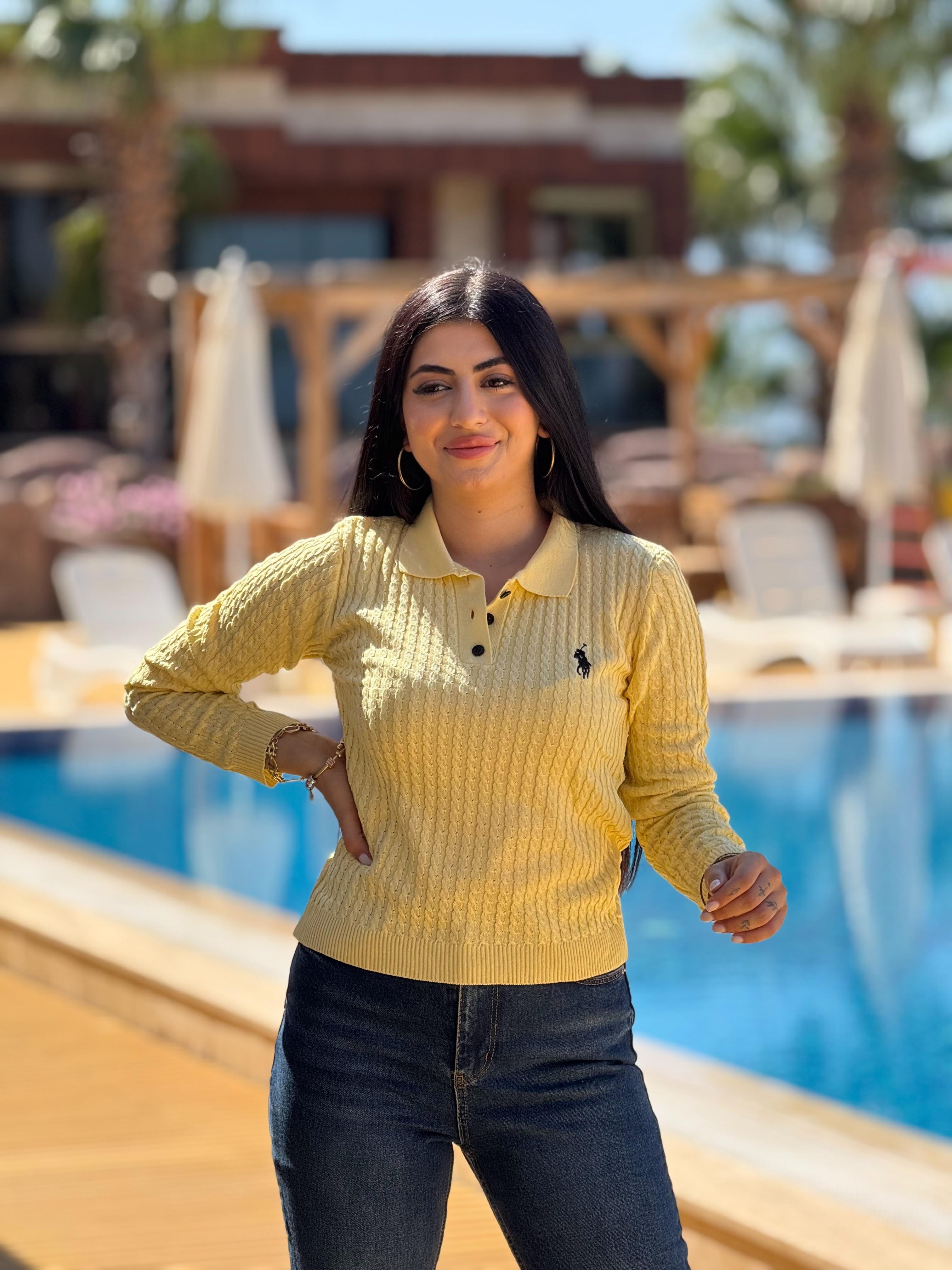 Saç Örgü Polo Yaka Basic Sarı