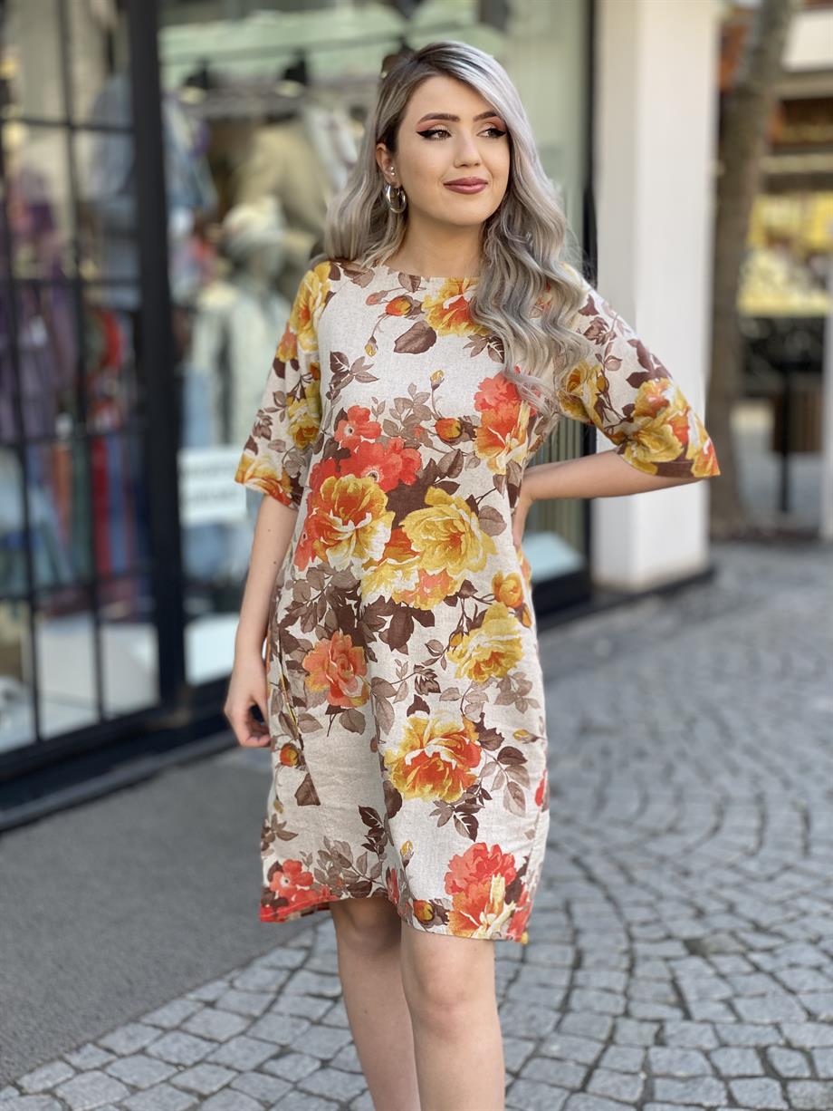 Sarı Güllü Keten Elbise