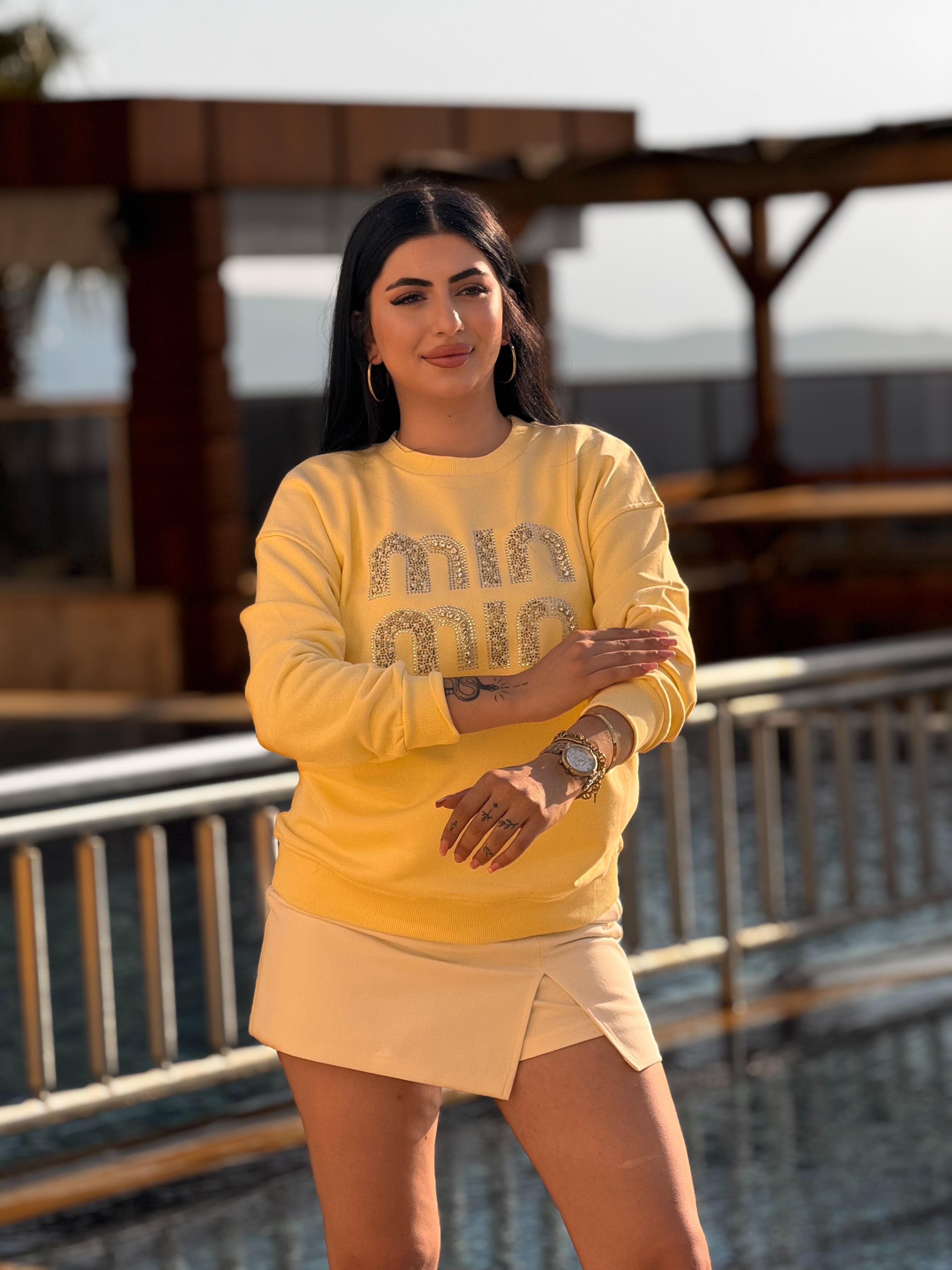 Sarı Taş İşlemeli 2 İplik Sweat