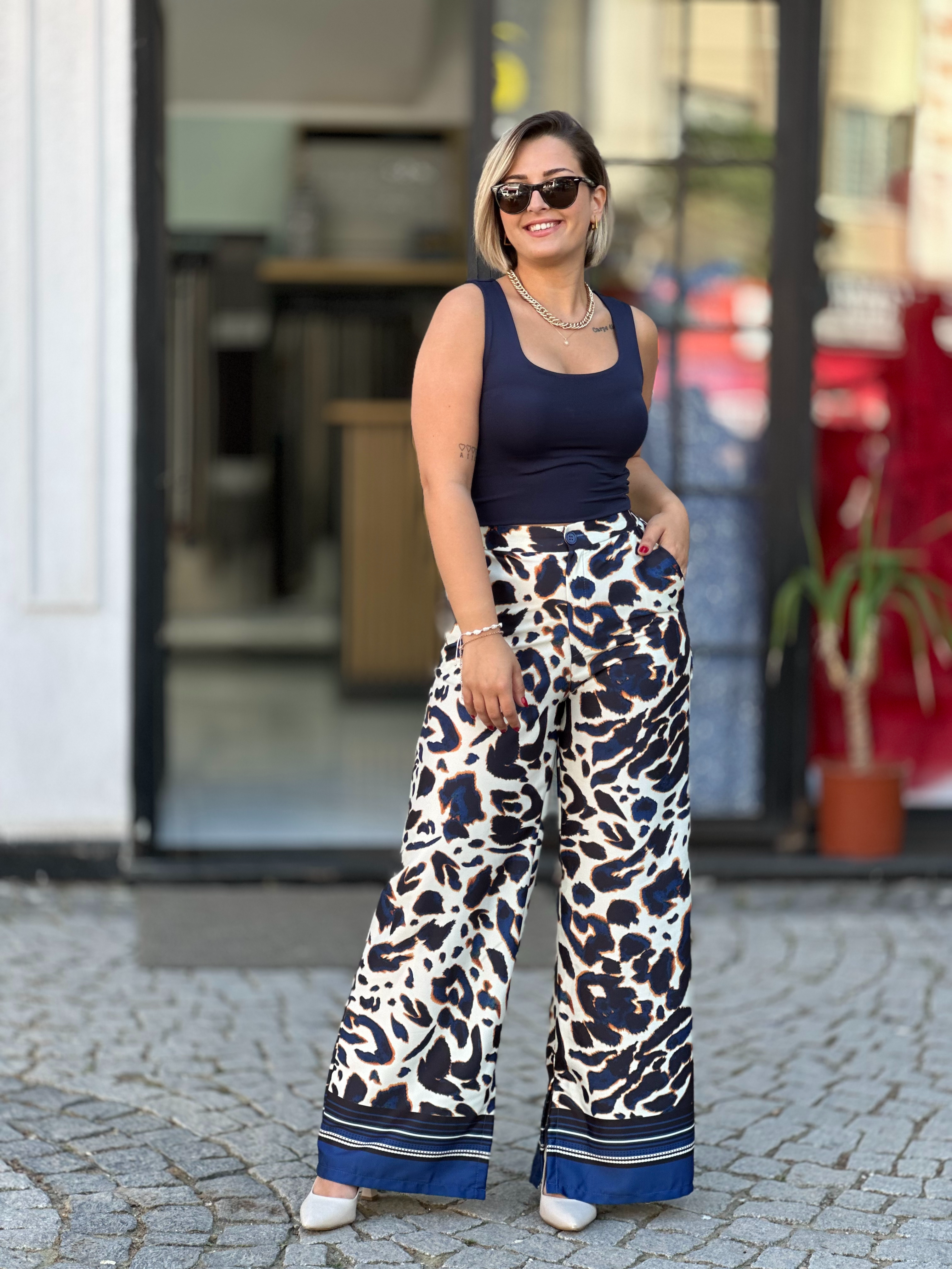 Saten Leopar Pantalon