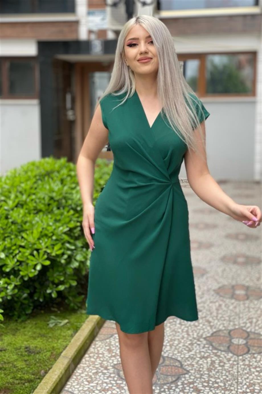 Sıfır Kol Haki Zümrüt Kruvaze Elbise