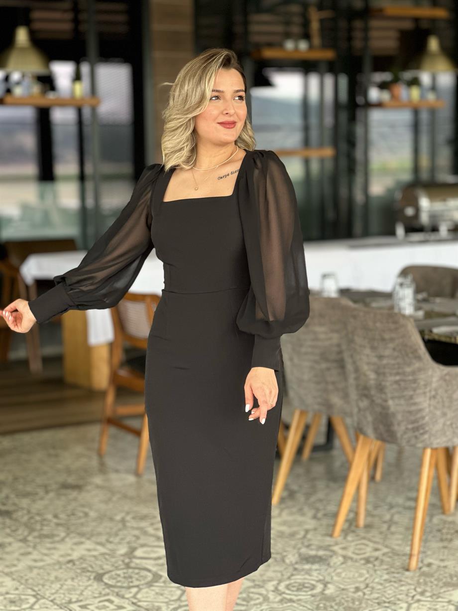 Şifon Kollu Siyah Elbise