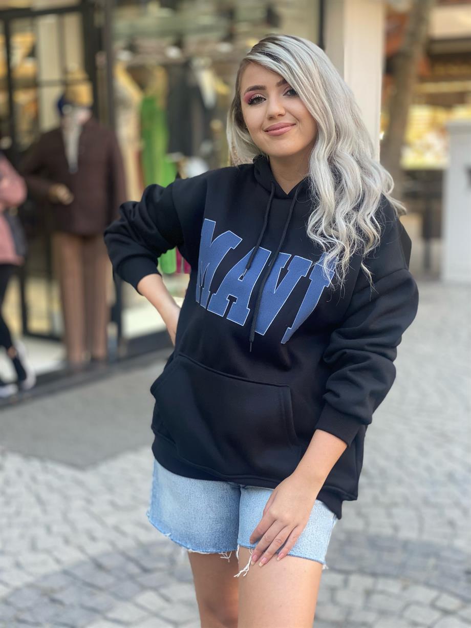 Siyah 3 İplik Mavi Baskılı Sweat 