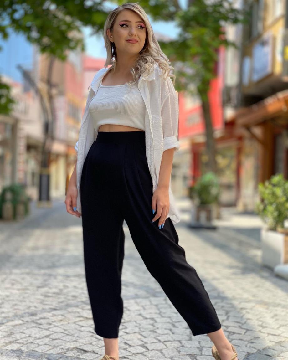 Siyah Bel Lastikli Şalvar Pantolon 
