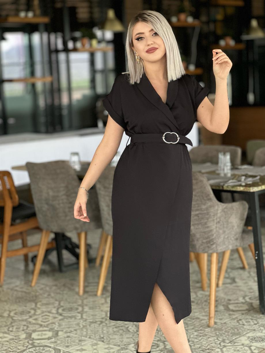 Siyah Ceket Yaka Kemerli Elbise
