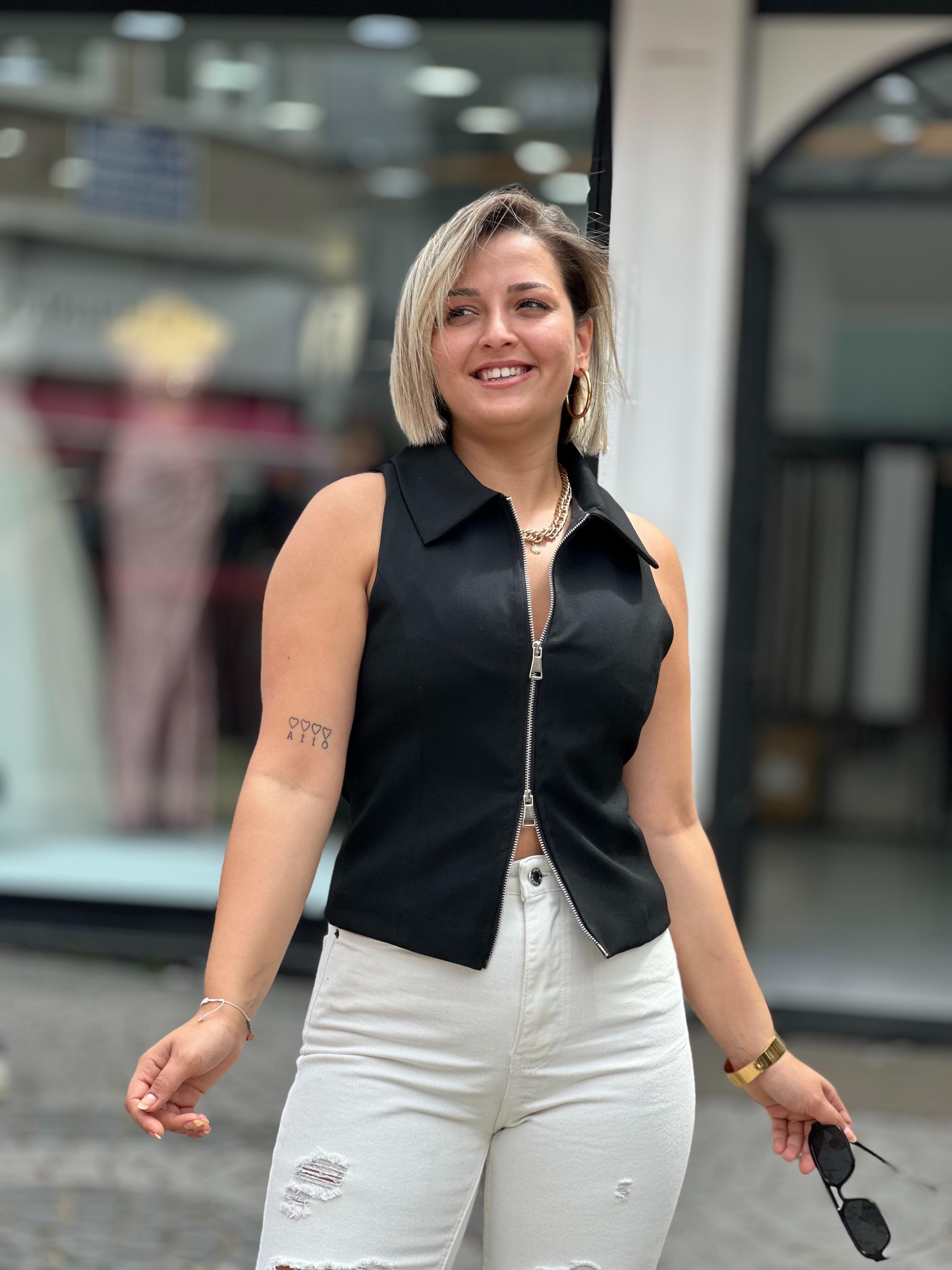 Siyah Çift Fermuarlı Yelek Bluz 