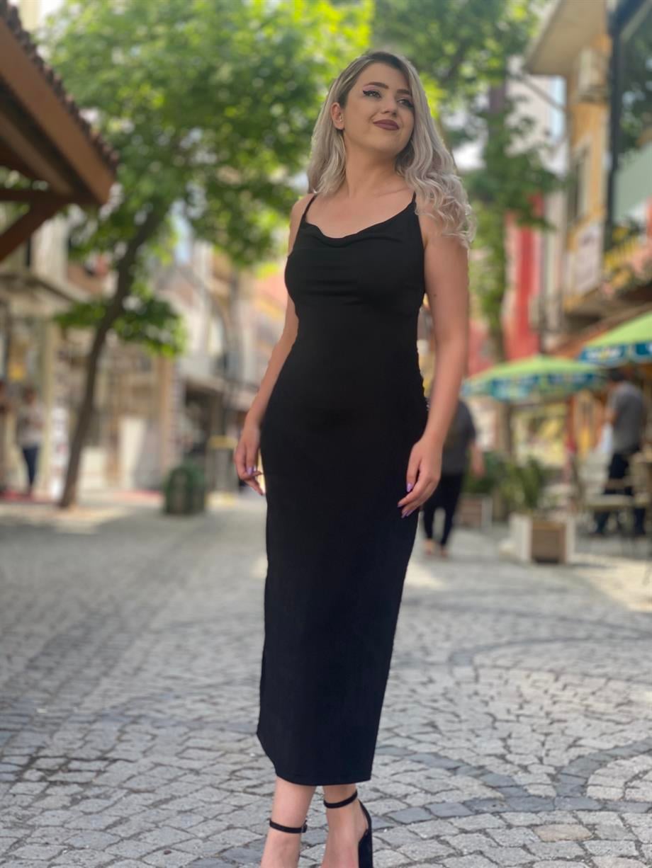 Siyah Degaje Yaka Buzzi Kumaş Elbise