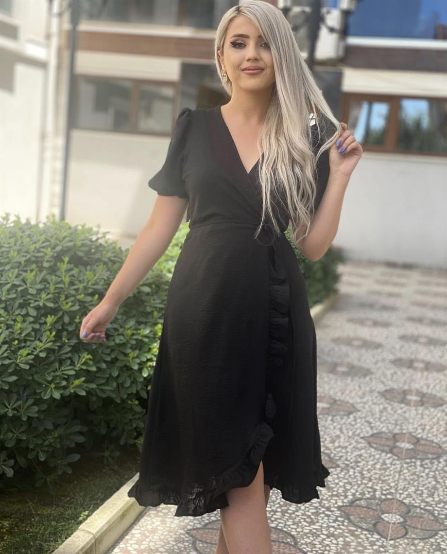 Siyah Etek Ucu Fırfırlı Keten Elbise