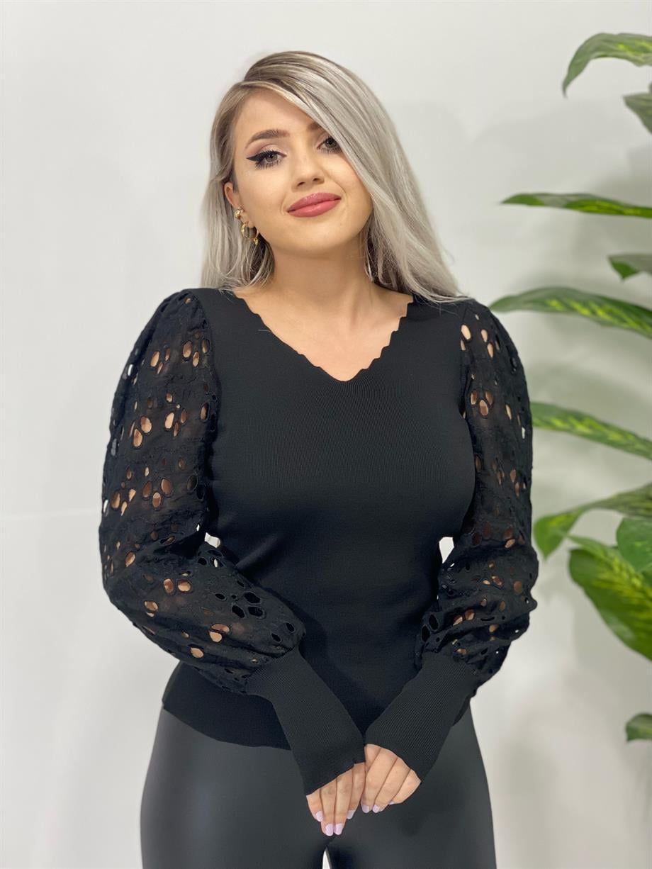 Siyah V yaka Kol Fistolu Çelik Triko