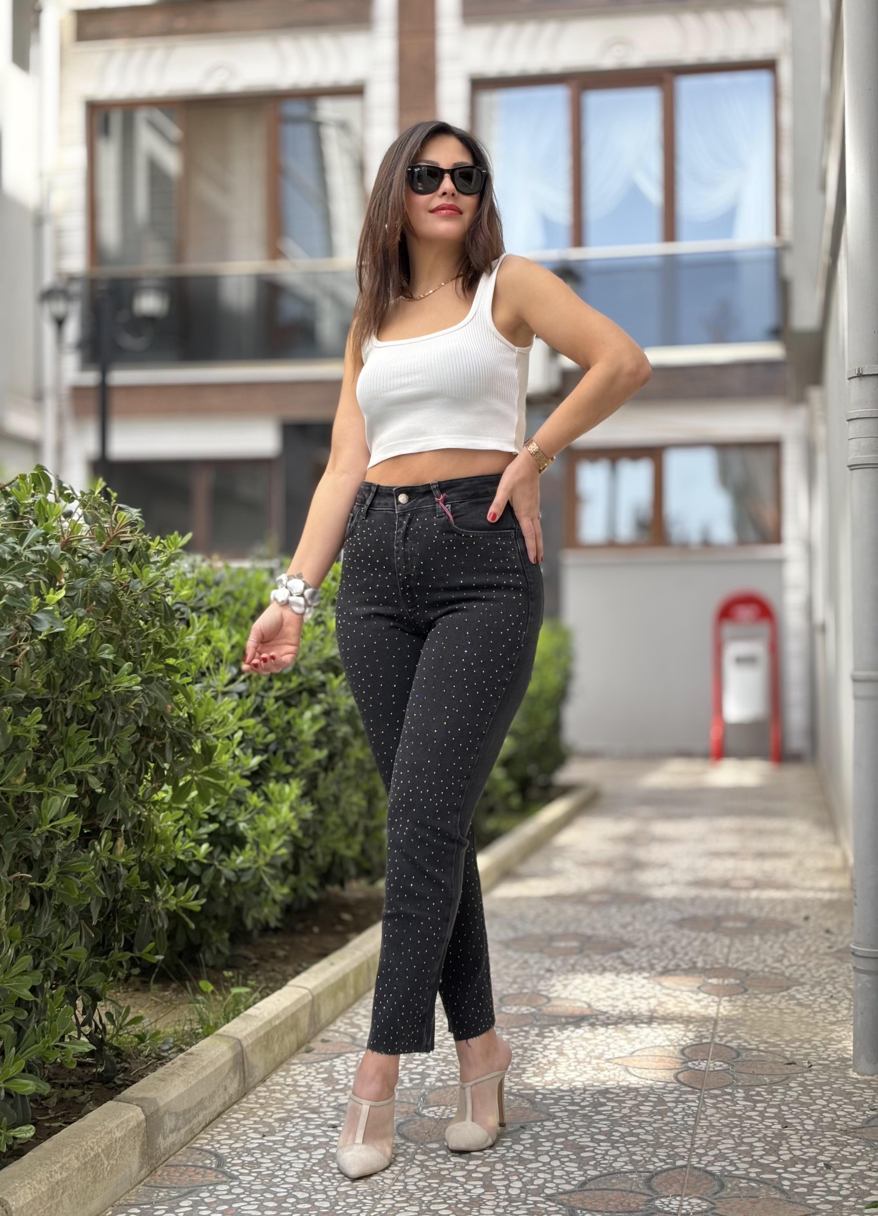 Taş İşlemeli Antrasit Tasarım Jean