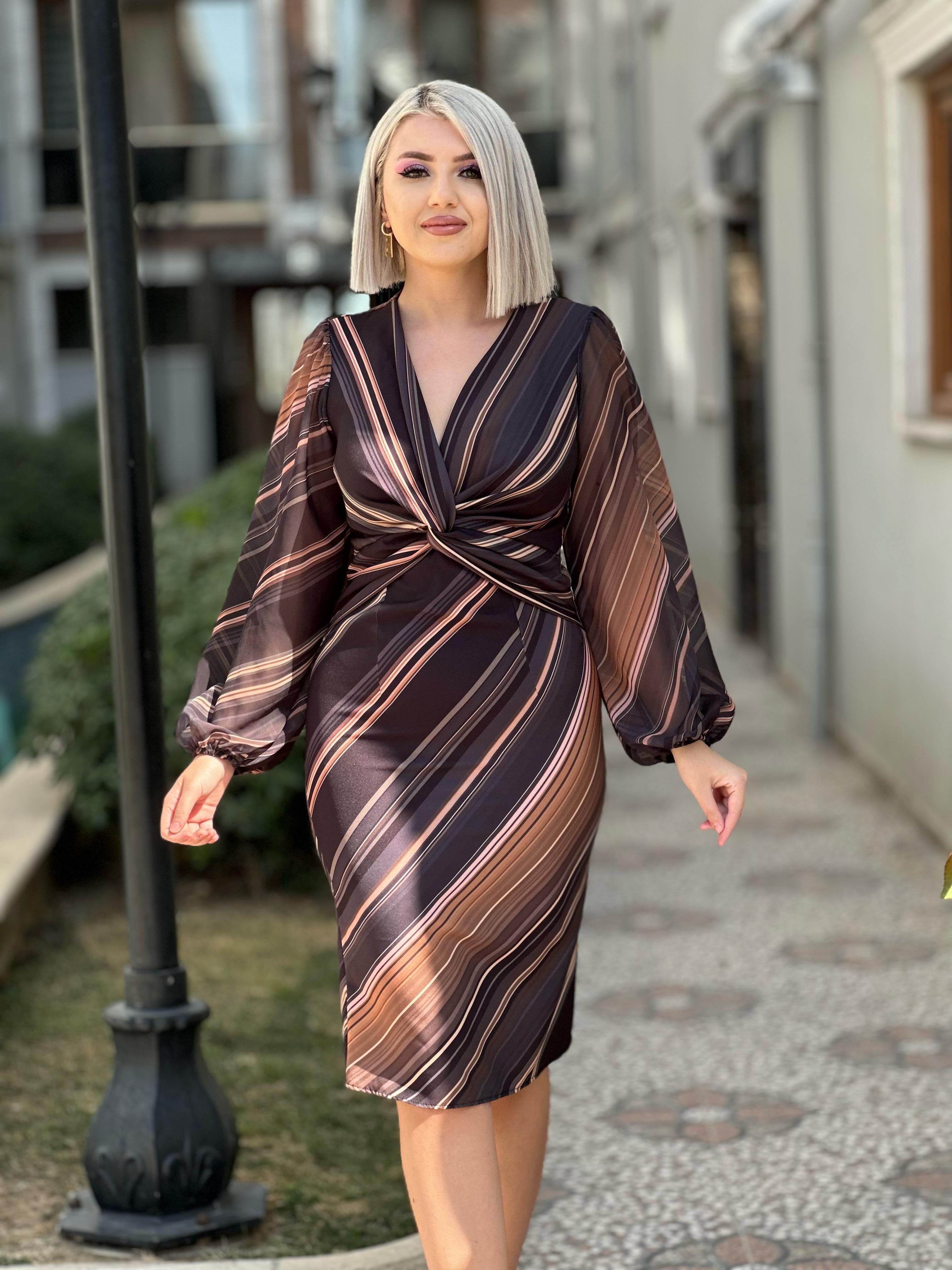 Tasarım Duble Kumaş Kolları Şifon Elbise