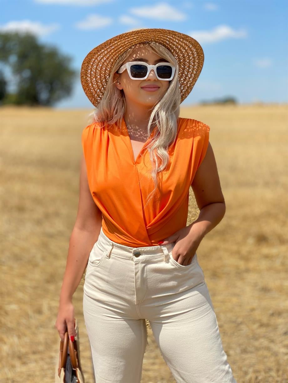 Tasarım Omuz Vatkalı Turuncu Bodysuit 