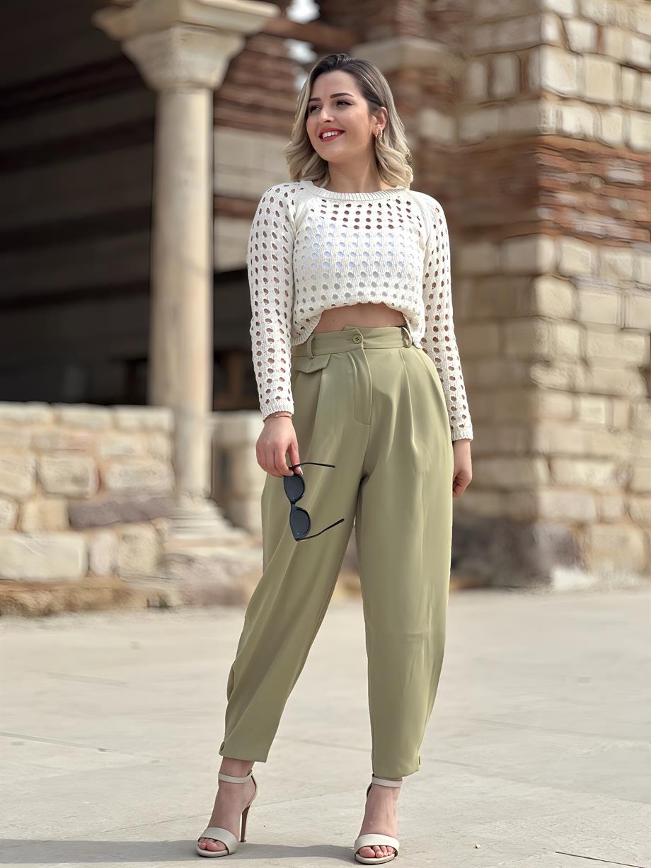 Tasarım Yeşil Paça Detayı Düğmeli Pantalon